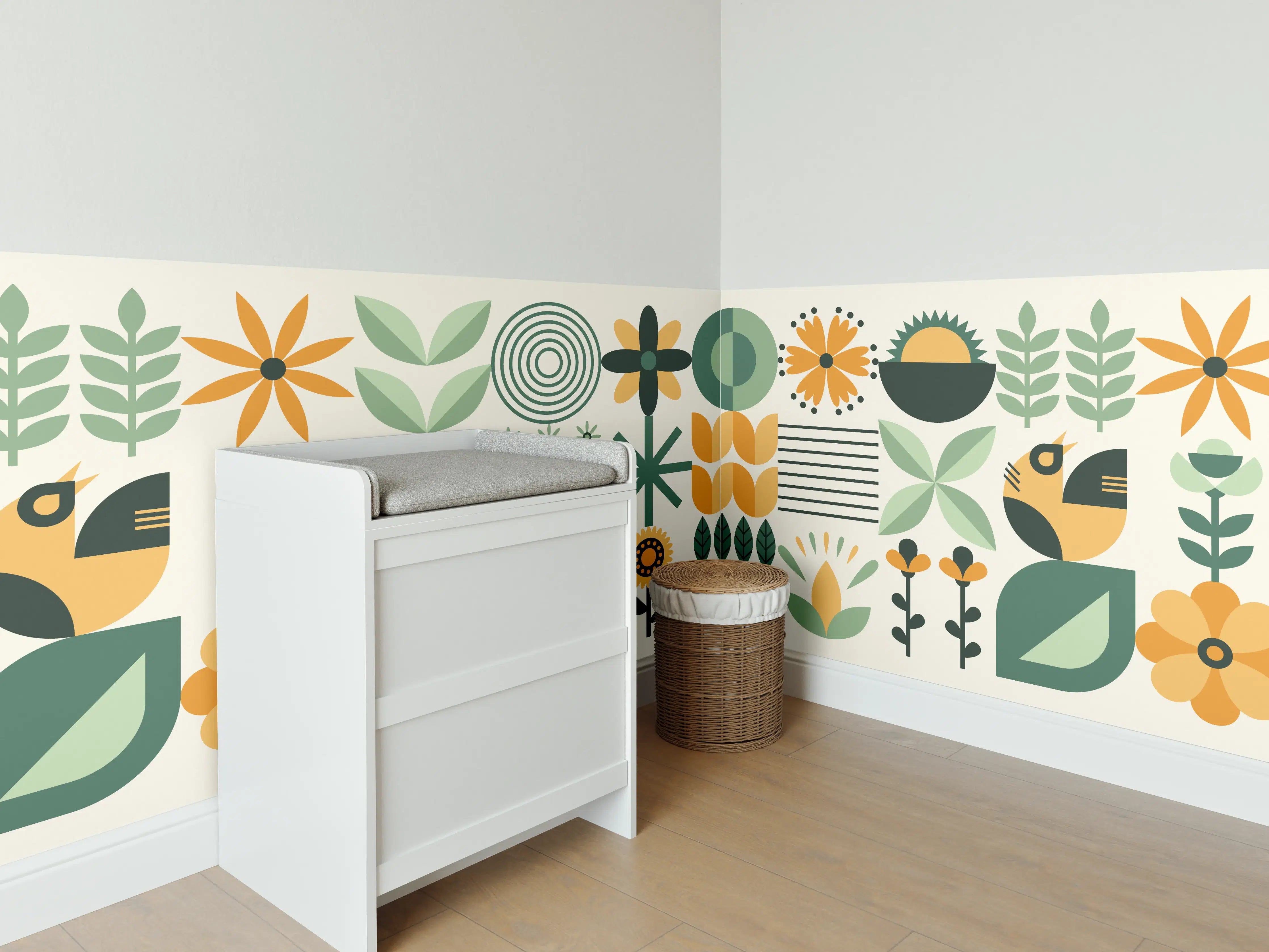 Babyzimmer Wandgestaltung - Moderne Blatt- und Blumendesign in Grüntönen
