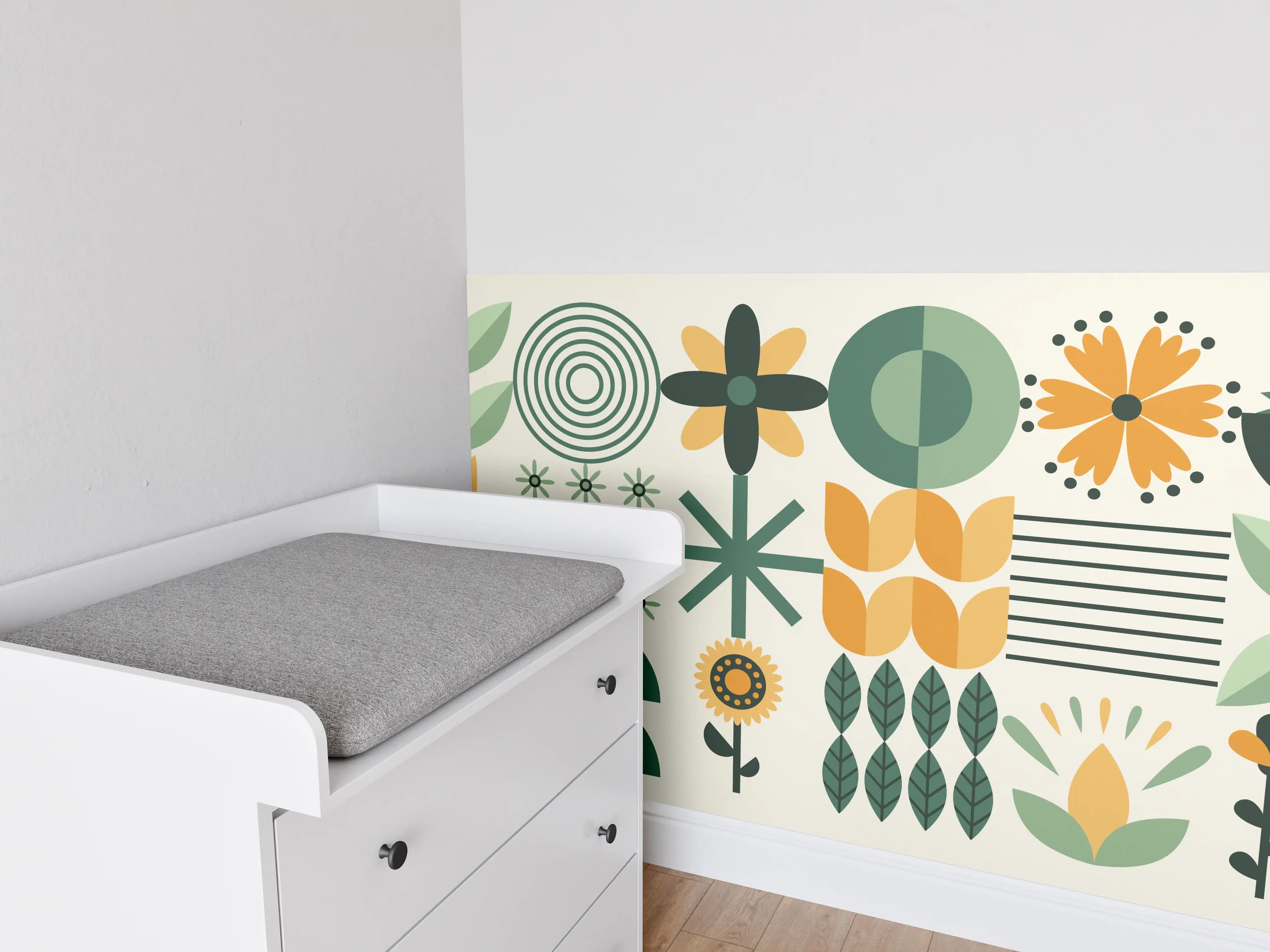 Babyzimmer Wandgestaltung - Moderne Blatt- und Blumendesign in Grüntönen