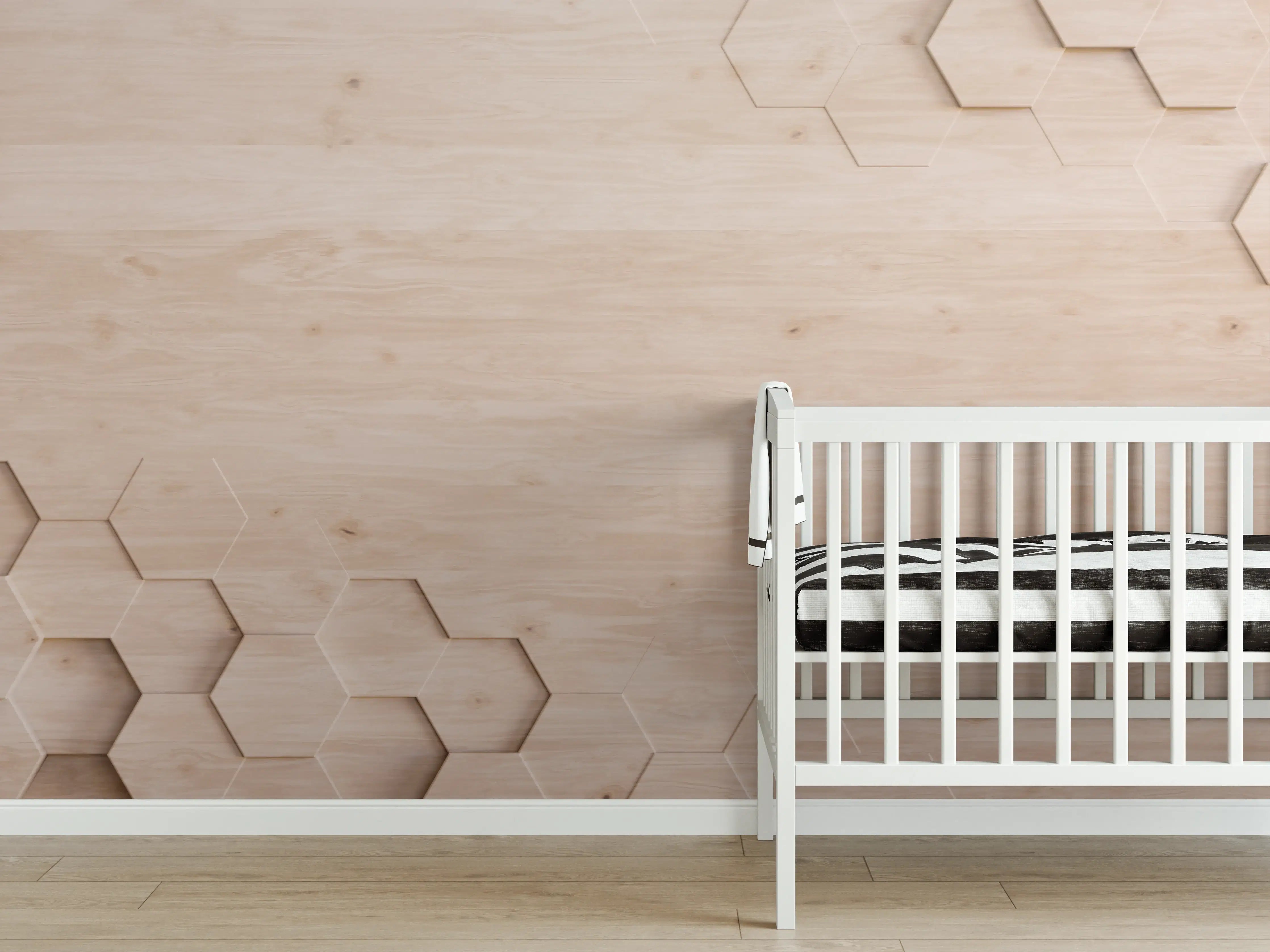 Babyzimmer Wandgestaltung - Moderne Holz-Textur mit geometrischen Hexagon-Details