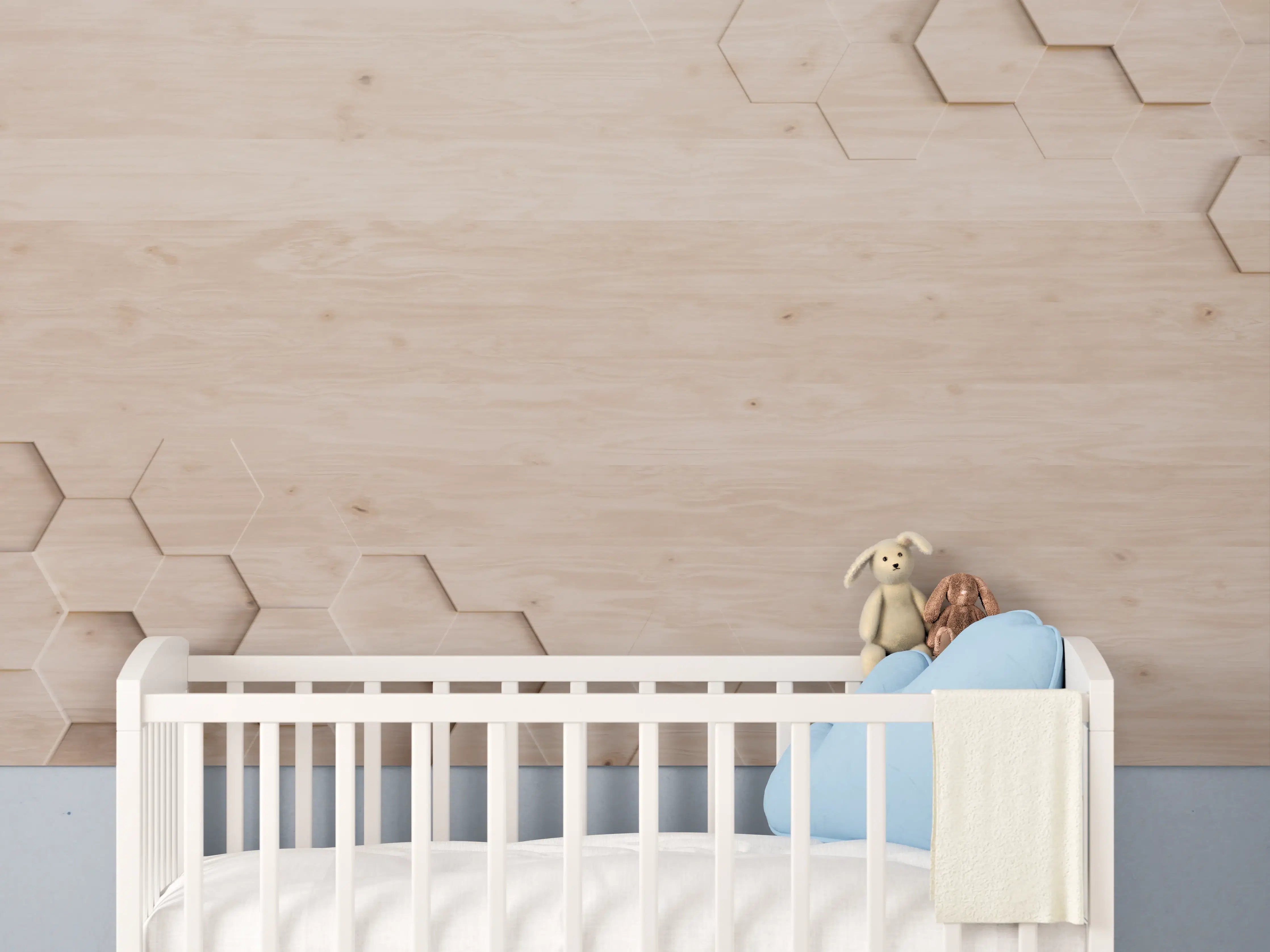 Babyzimmer Wandgestaltung - Moderne Holz-Textur mit geometrischen Hexagon-Details