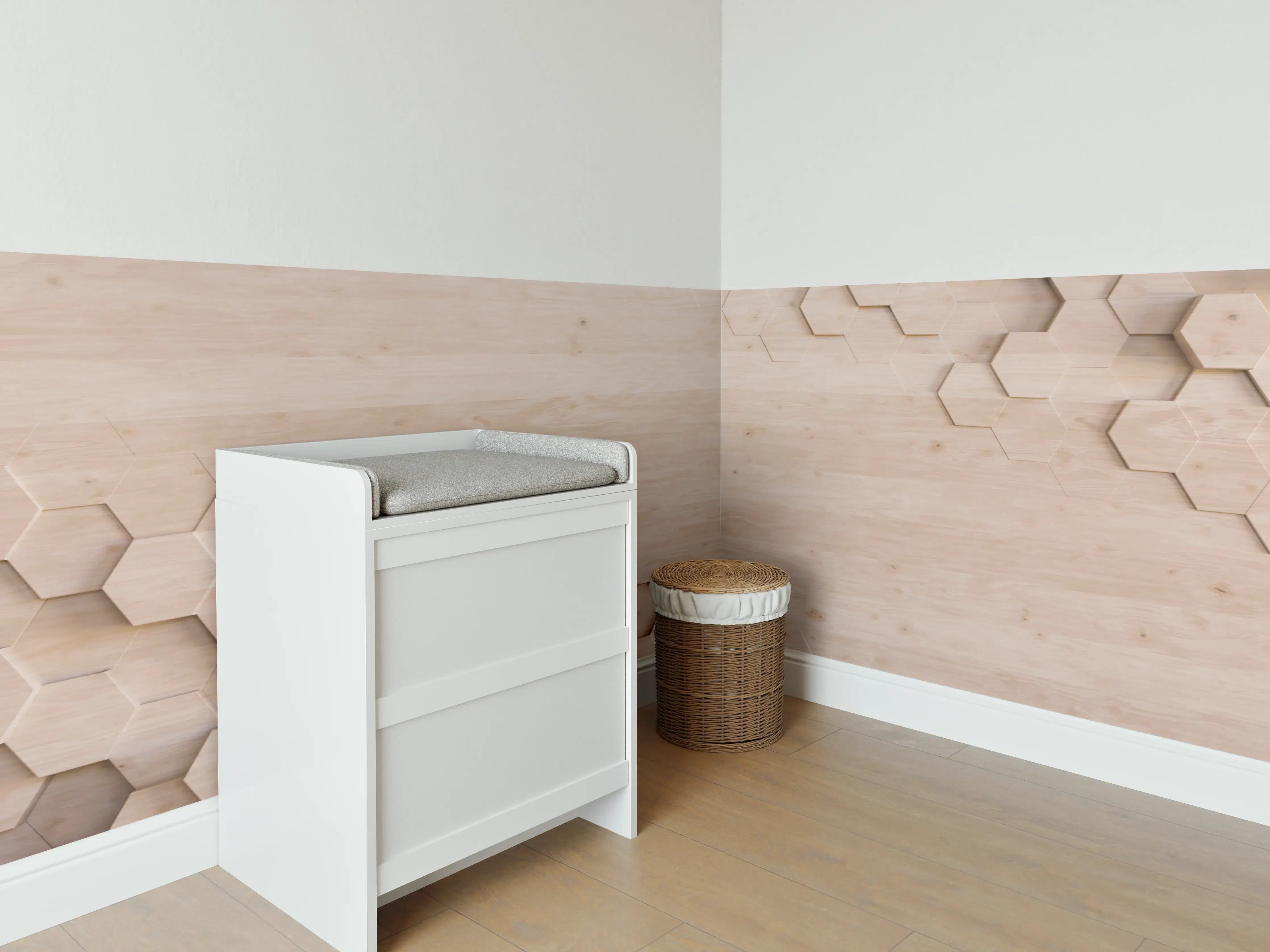 Babyzimmer Wandgestaltung - Moderne Holz-Textur mit geometrischen Hexagon-Details