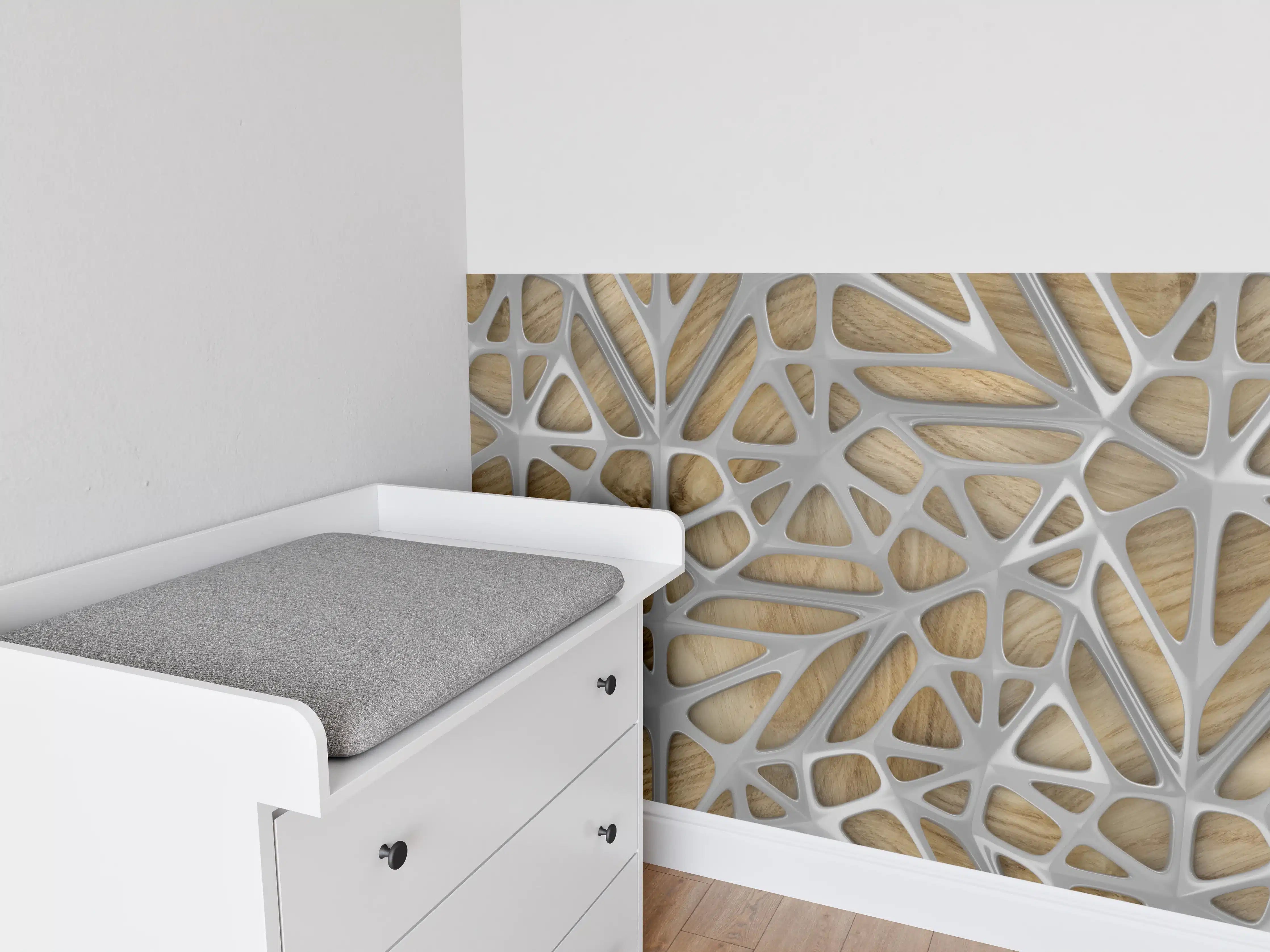 Babyzimmer Wandgestaltung - Moderne Holzdekor mit filigranen Mustern in Grau
