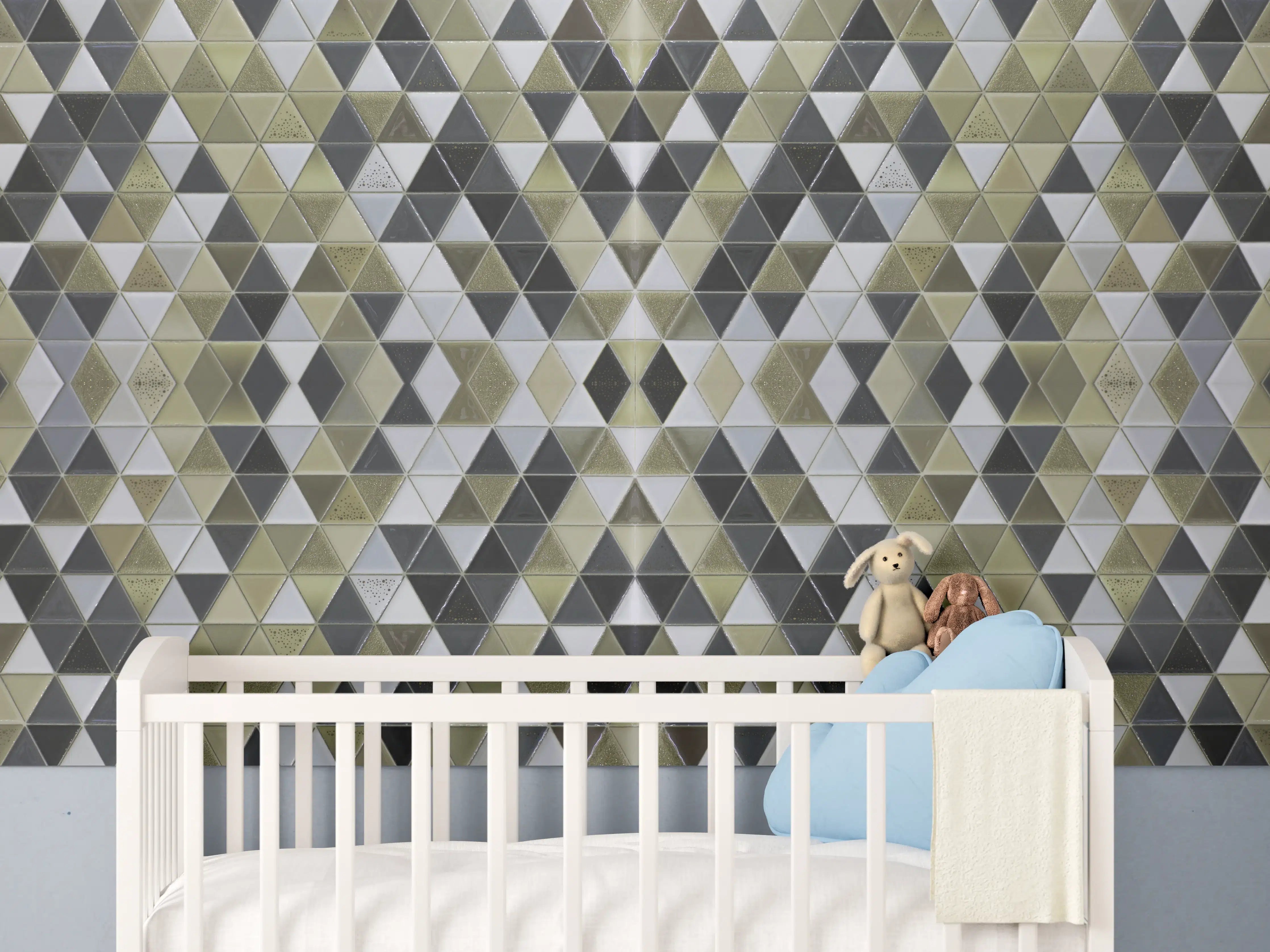 Babyzimmer Wandgestaltung - Moderne Mosaikfliesen in Grau-Grüntönen
