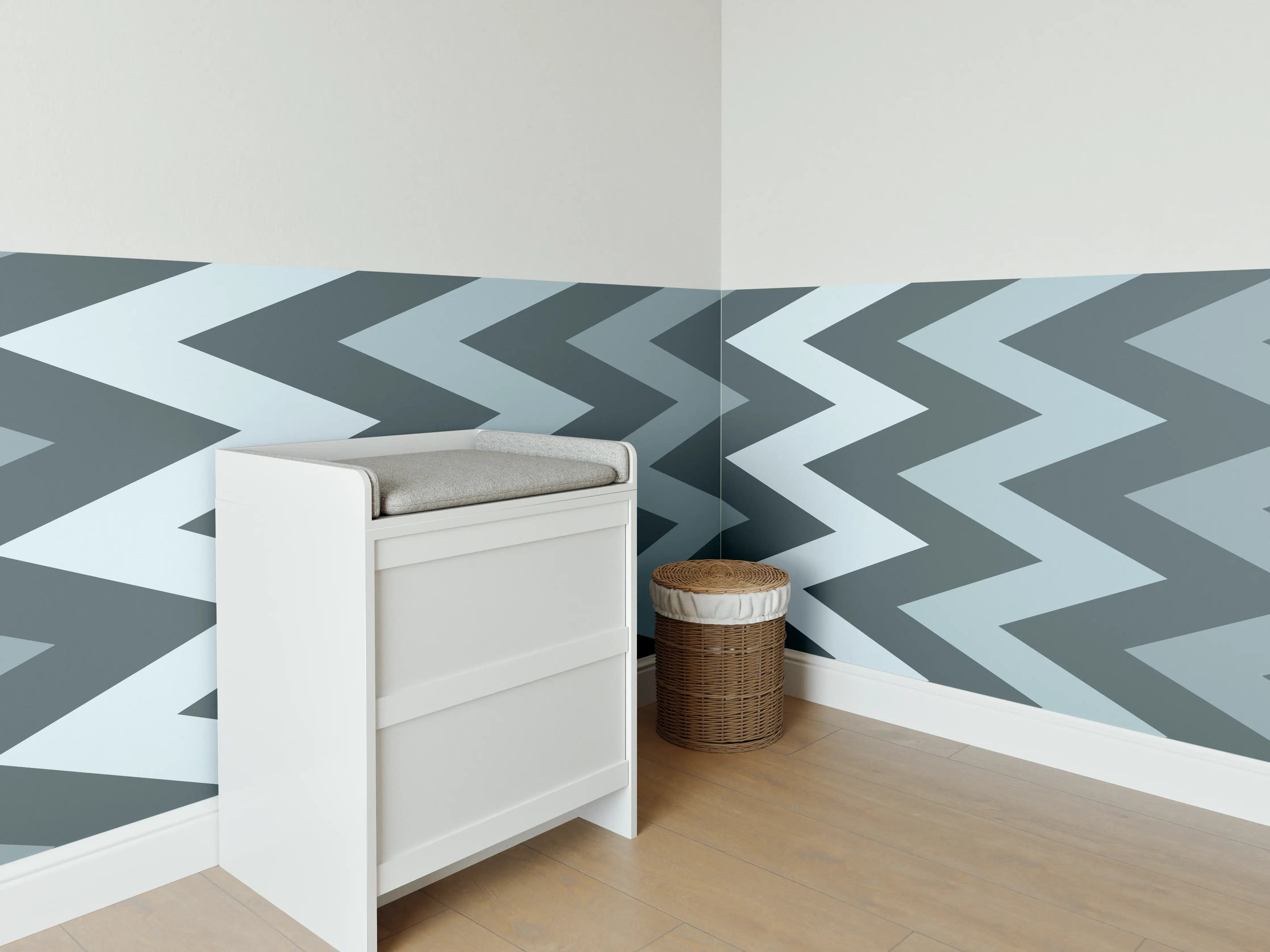 Babyzimmer Wandgestaltung - Moderne Zickzack-Wandgestaltung in Grautönen