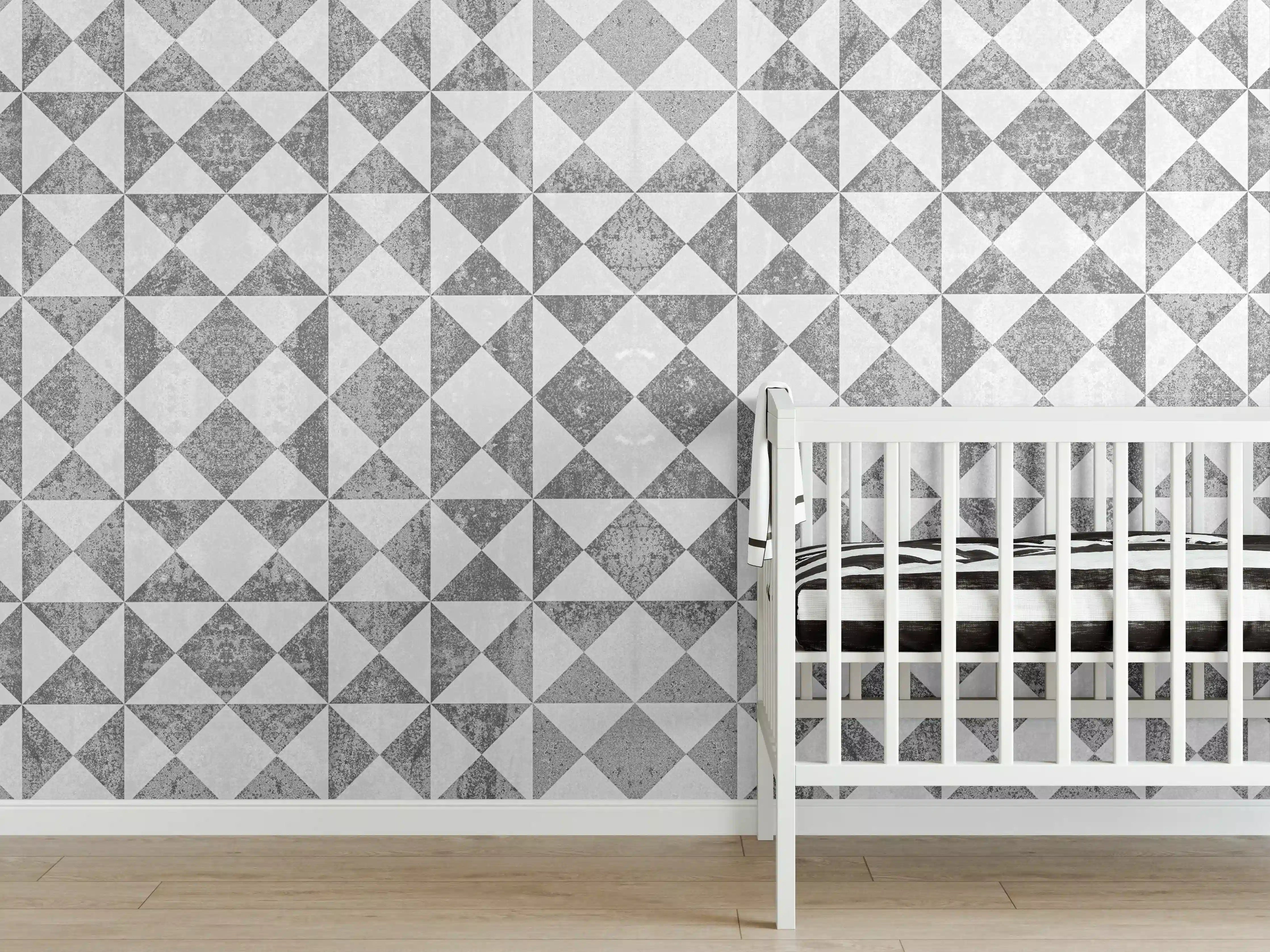 Babyzimmer Wandgestaltung - Moderne geometrische Fliesenoptik in Grau und Weiß