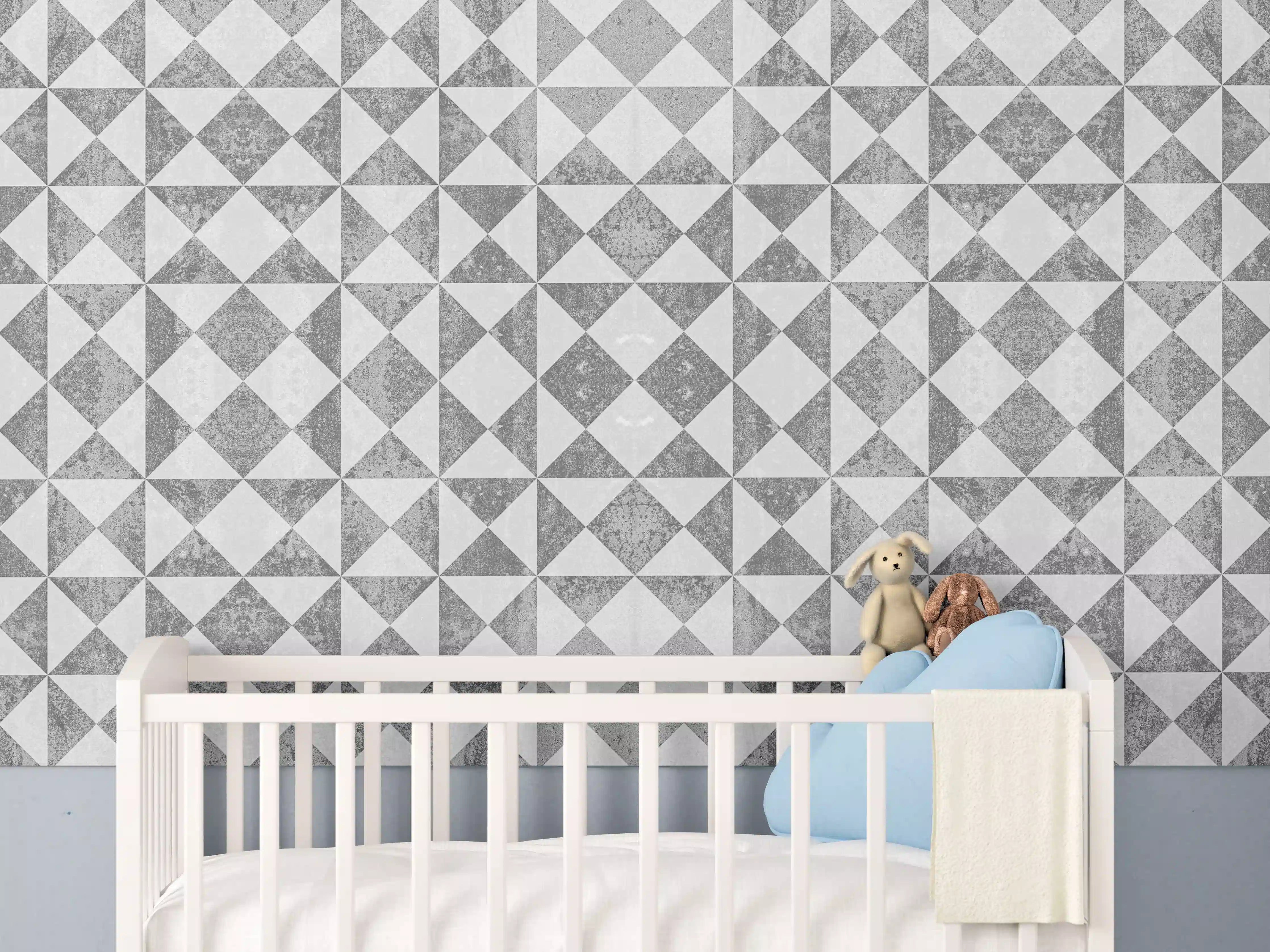 Babyzimmer Wandgestaltung - Moderne geometrische Fliesenoptik in Grau und Weiß