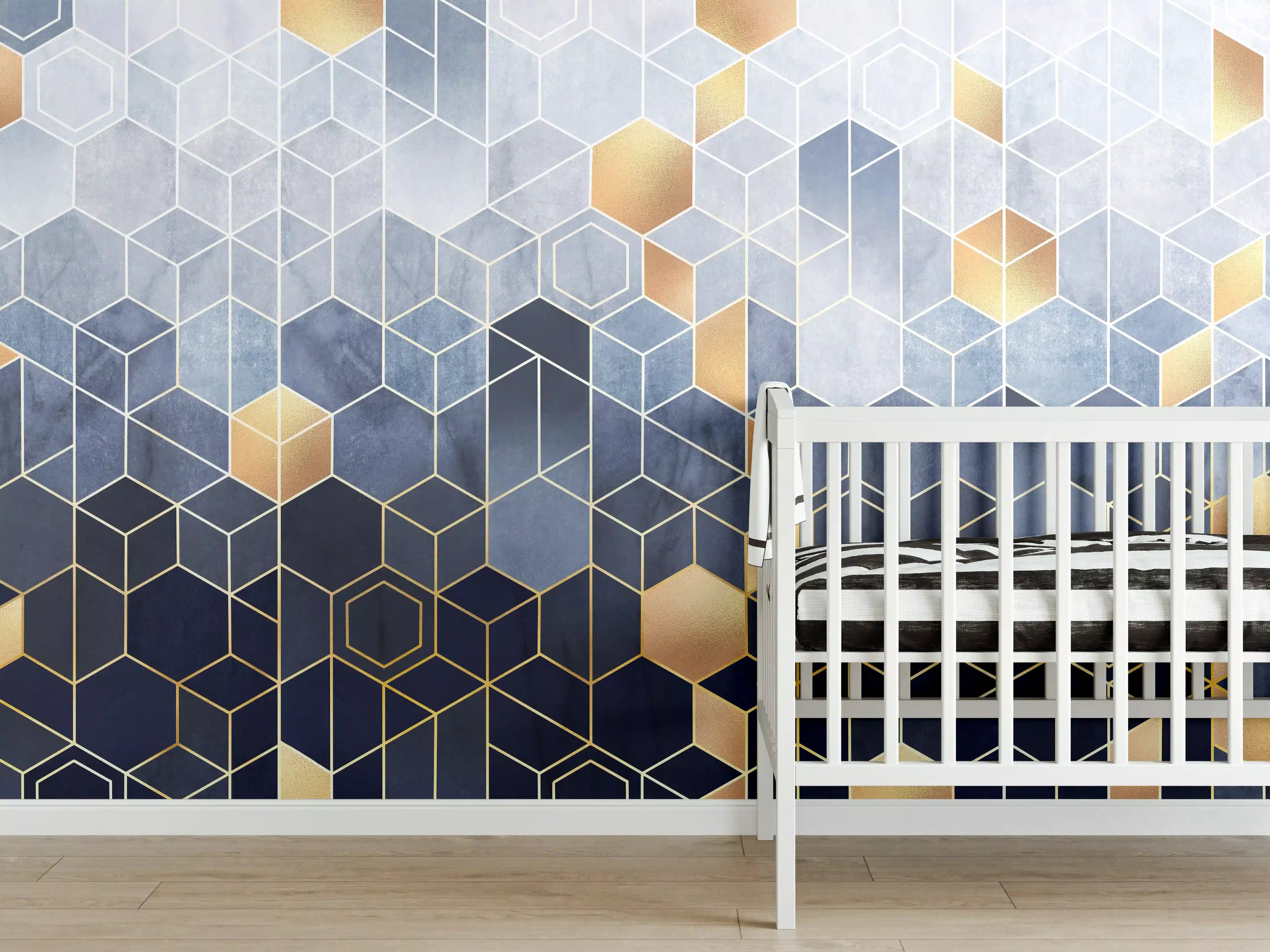 Babyzimmer Wandgestaltung - Moderne geometrische Wandgestaltung in Blau, Grau und Gold