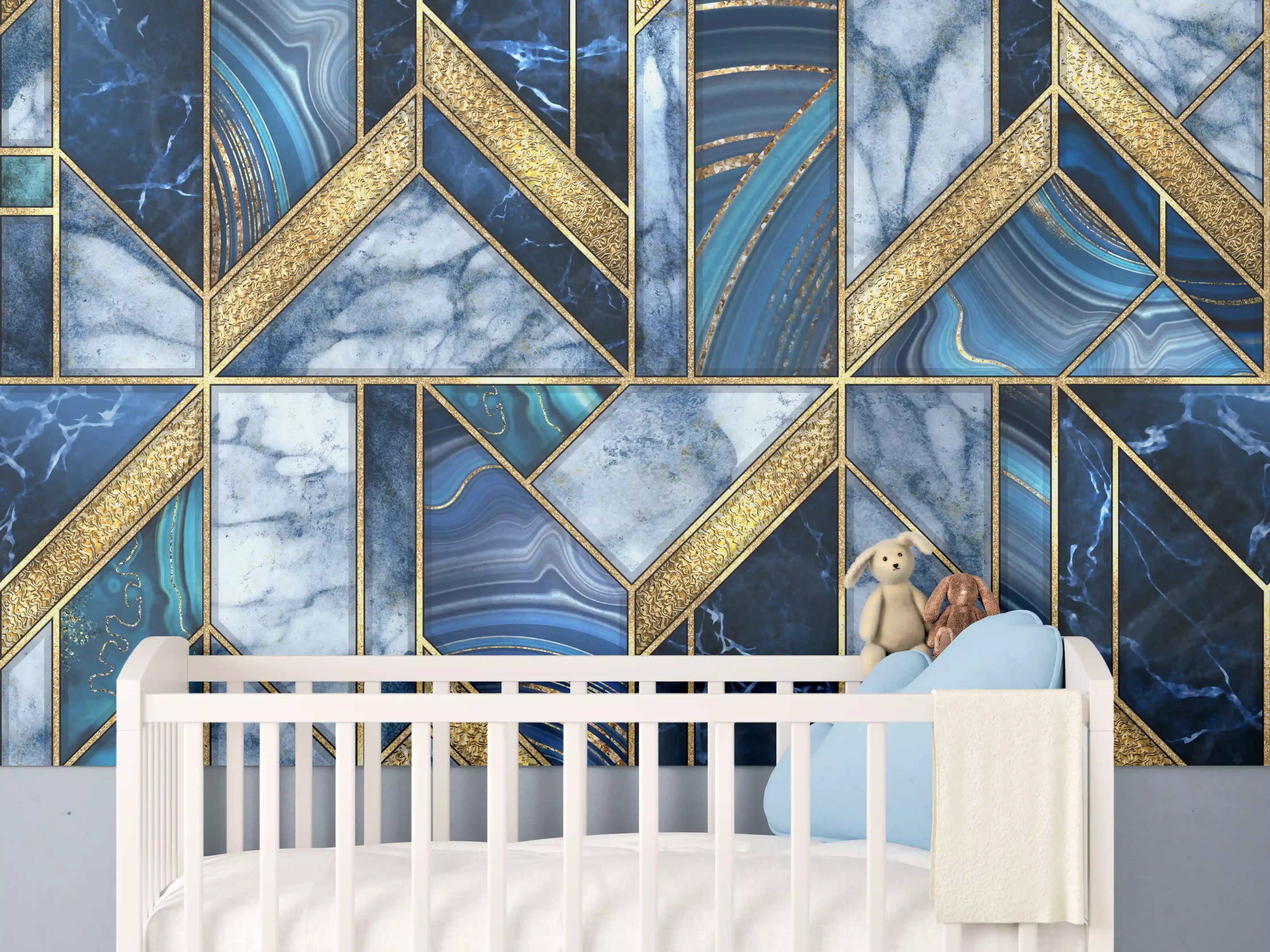 Babyzimmer Wandgestaltung - Modernes Blau-Gold Mosaik