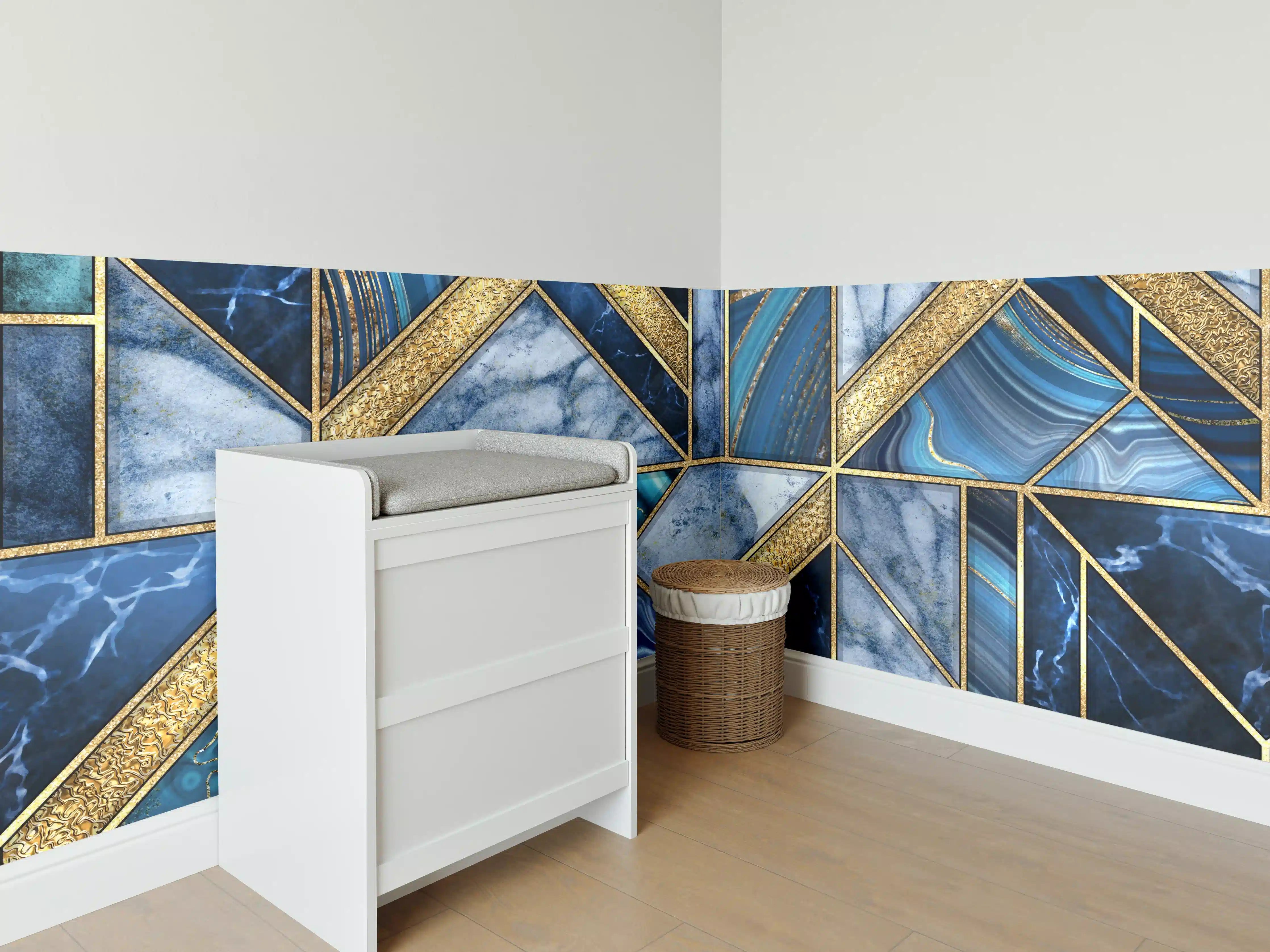 Babyzimmer Wandgestaltung - Modernes Blau-Gold Mosaik