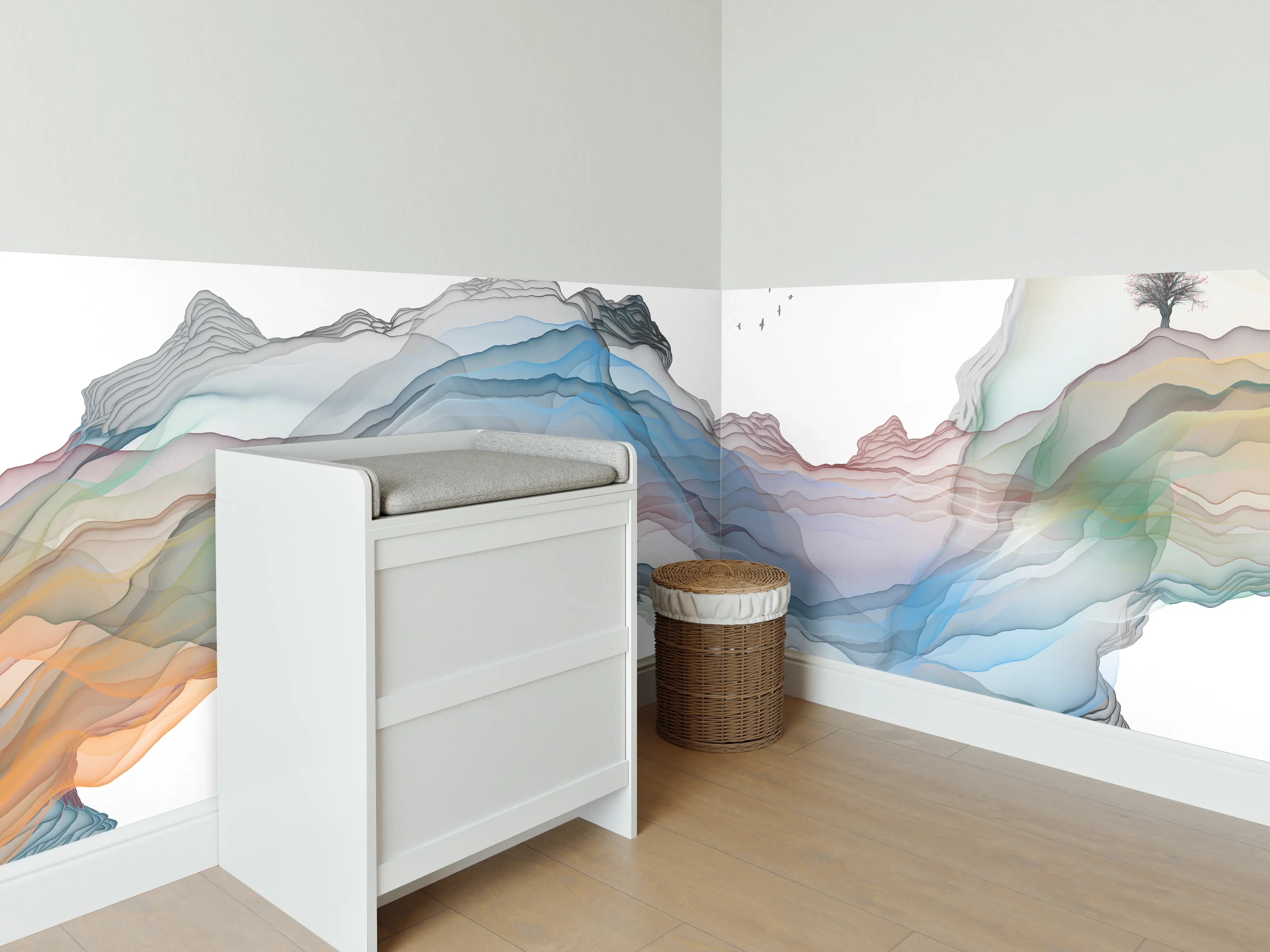 Babyzimmer Wandgestaltung - Modernes Wasserfarben Gemälde Boot Vögel See