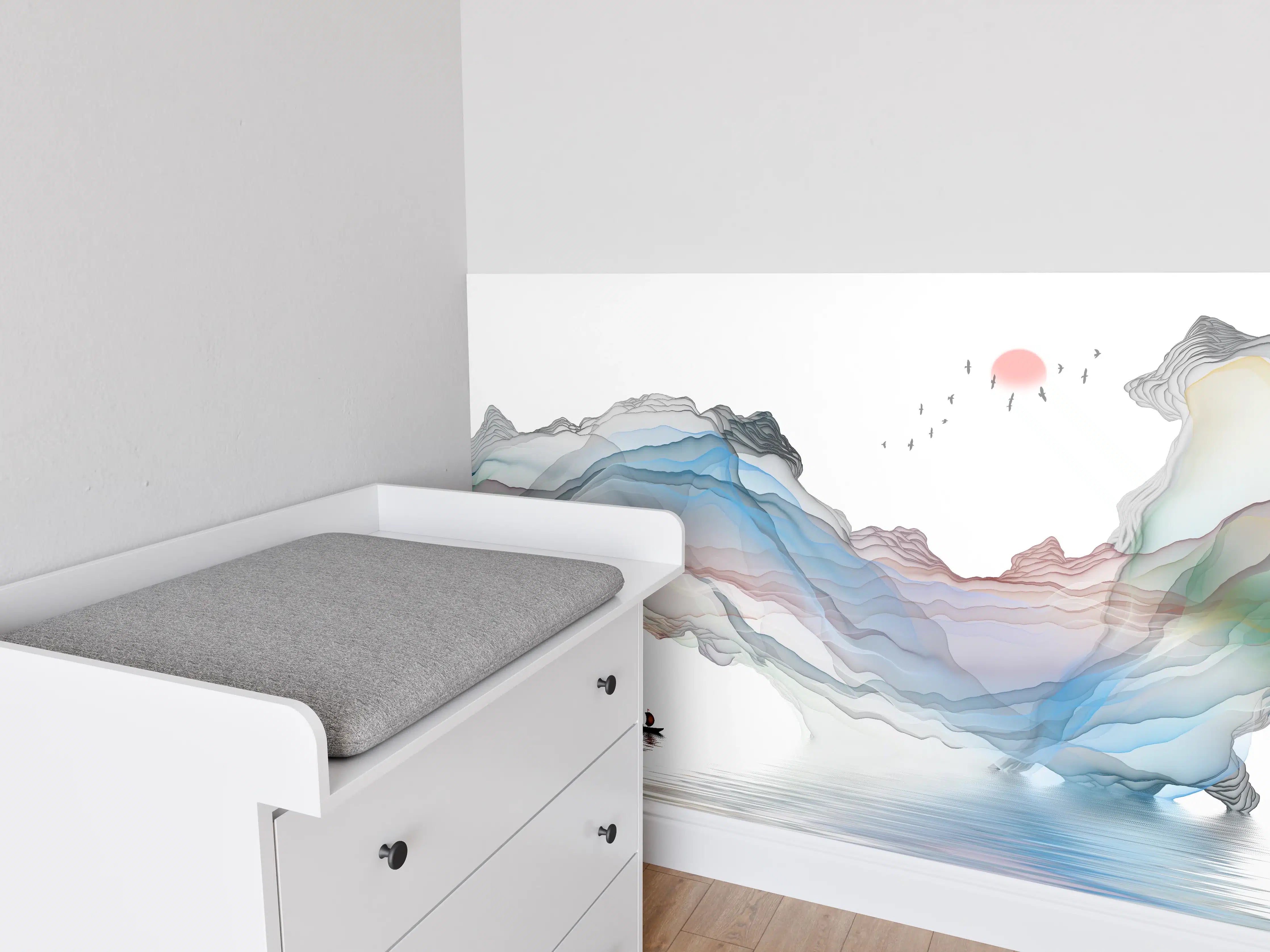 Babyzimmer Wandgestaltung - Modernes Wasserfarben Gemälde Boot Vögel See