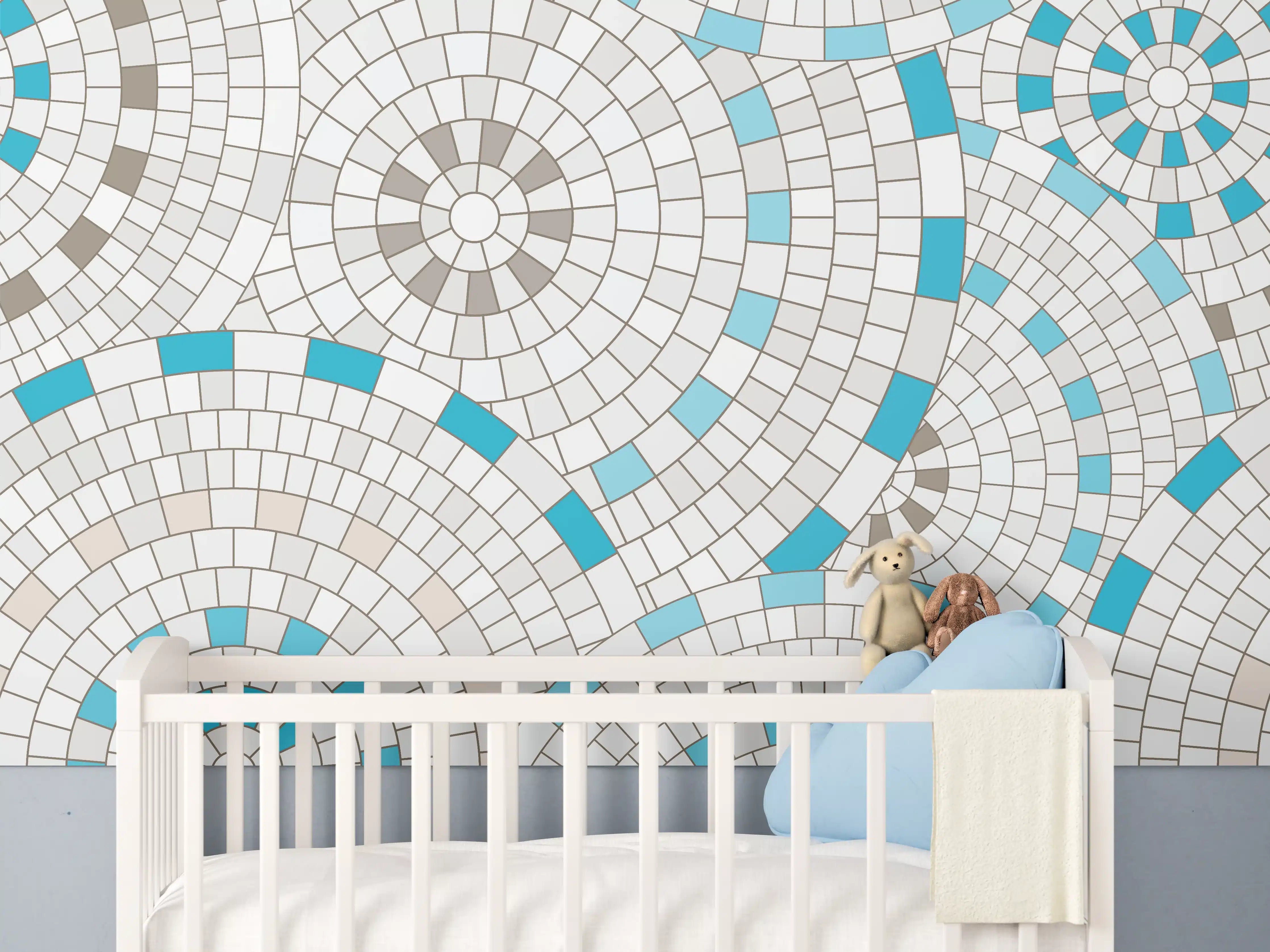 Babyzimmer Wandgestaltung - Modernes Weiß-Blau Mosaik-Design