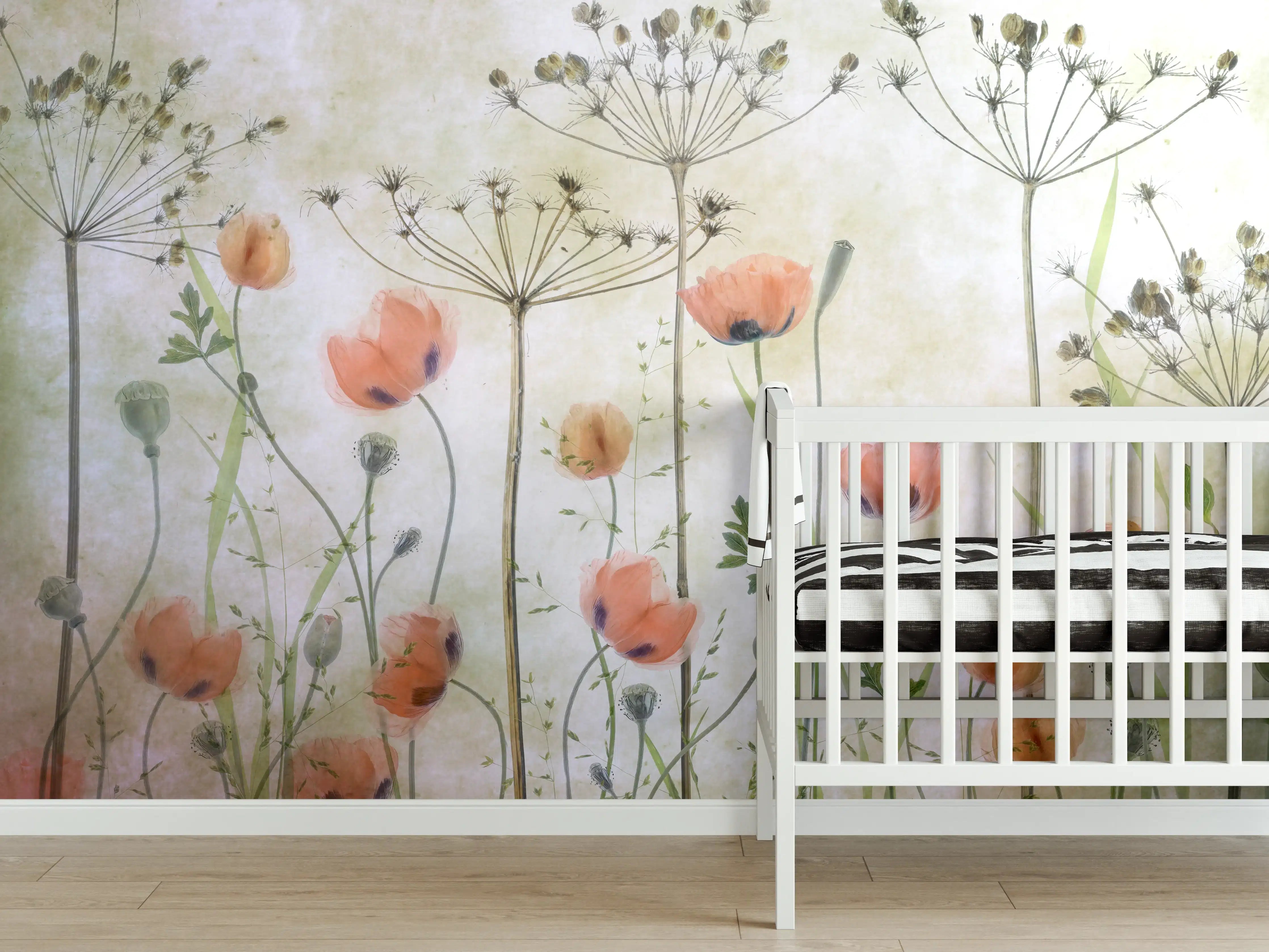 Babyzimmer Wandgestaltung - Mohnblumen - Florale Zeichnung