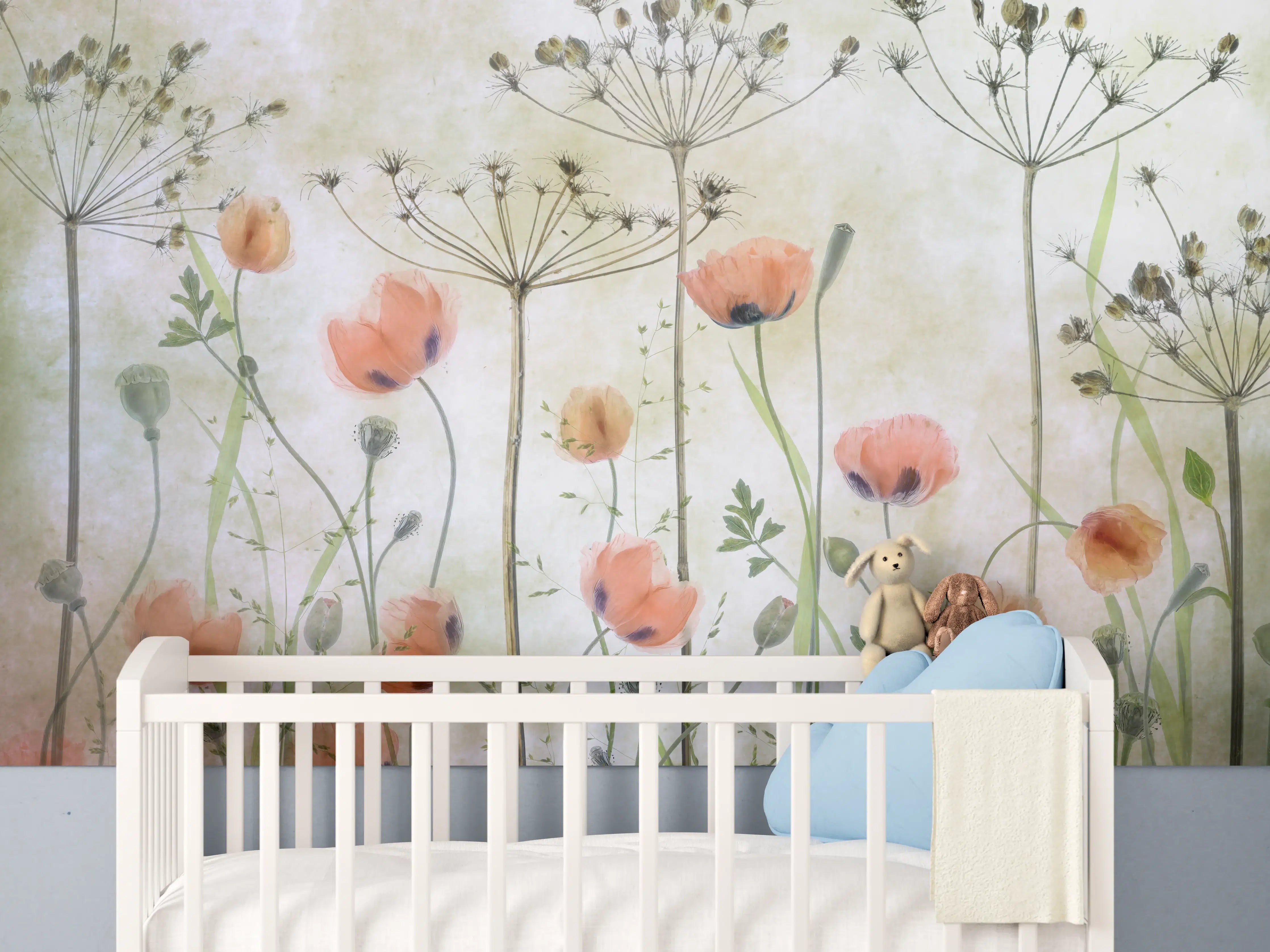Babyzimmer Wandgestaltung - Mohnblumen - Florale Zeichnung