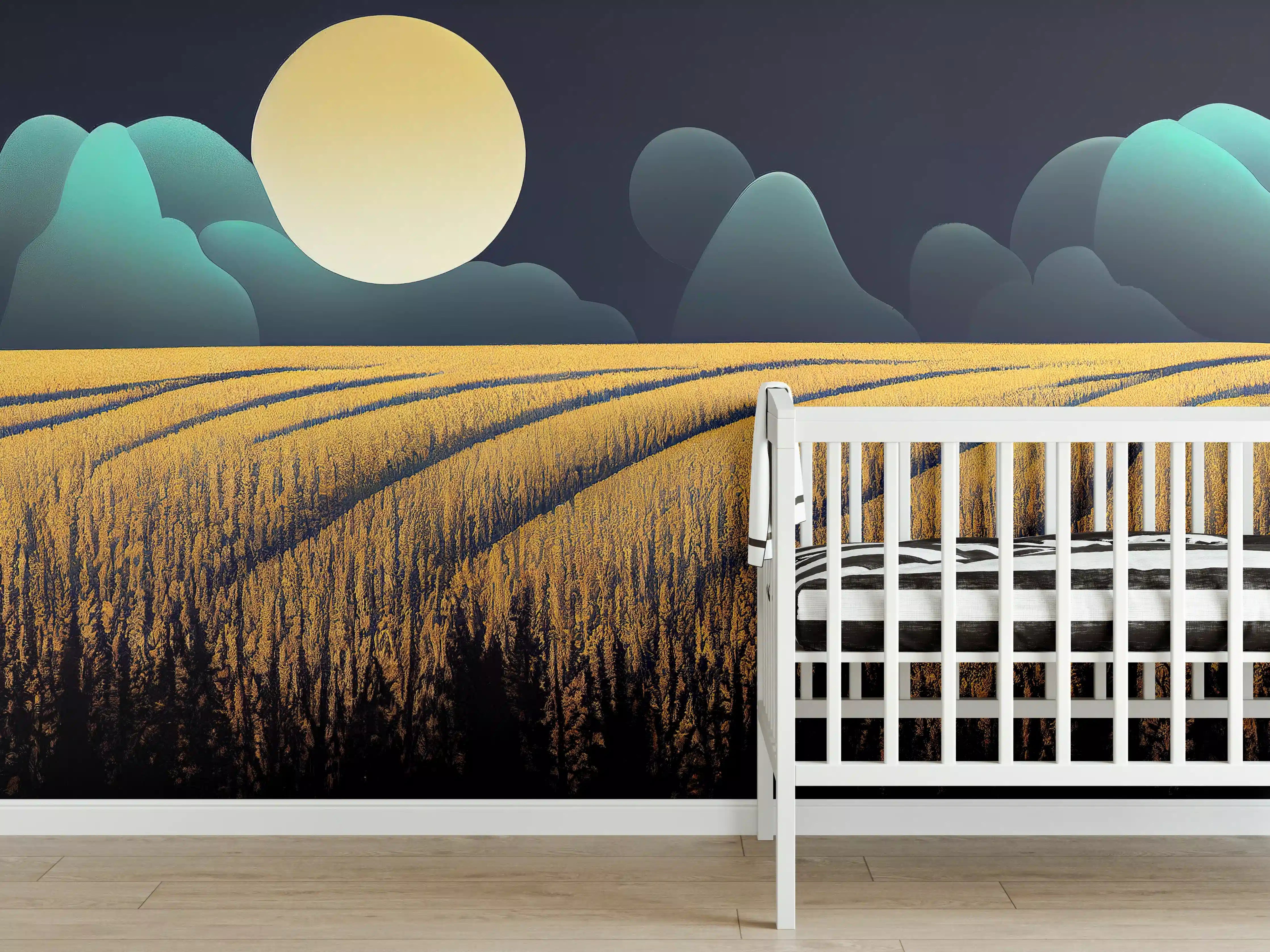 Babyzimmer Wandgestaltung - Mondnacht Kornfeld Dunkelblau