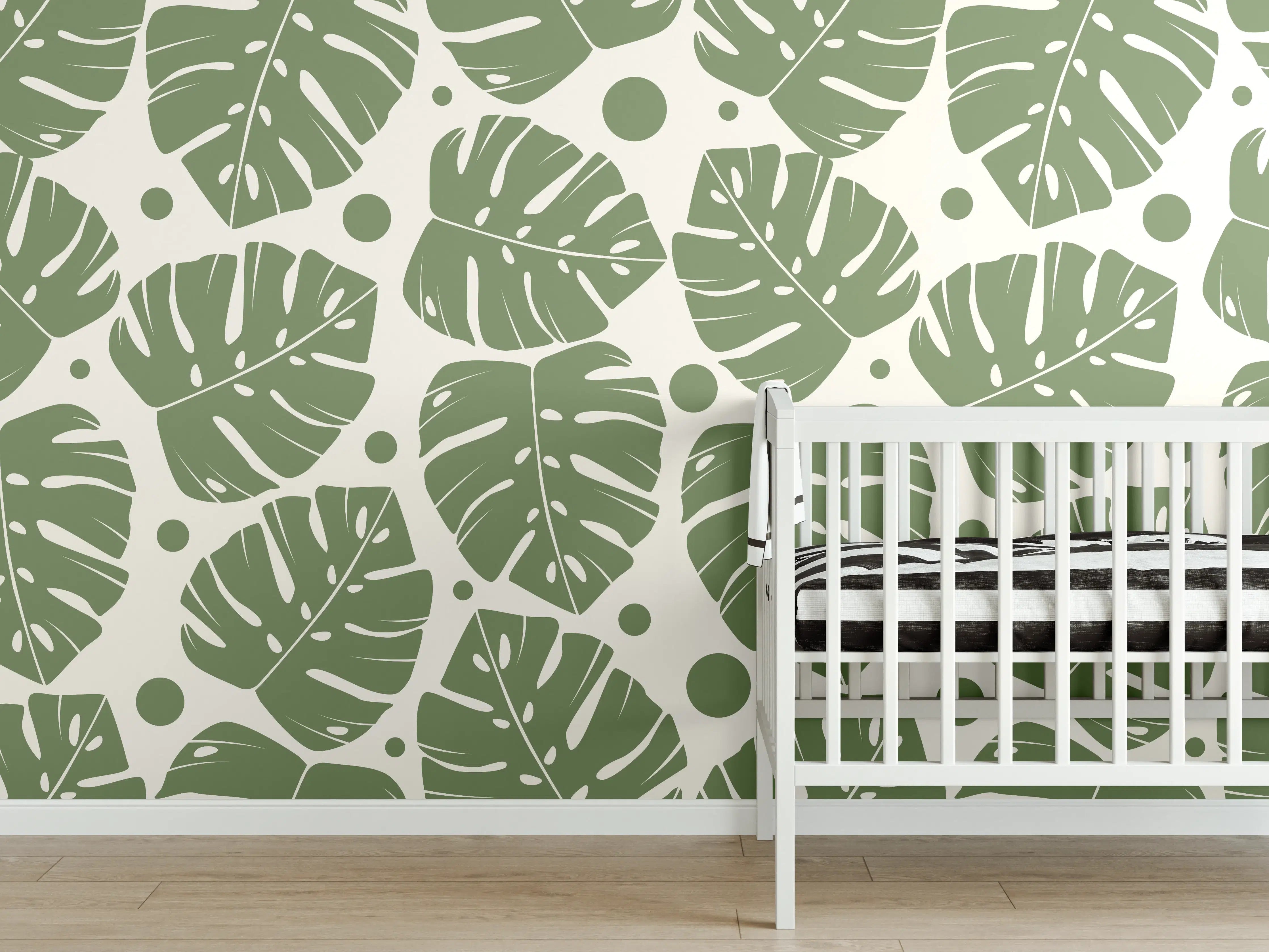 Babyzimmer Wandgestaltung - Monstera-Blätter Cremegrün