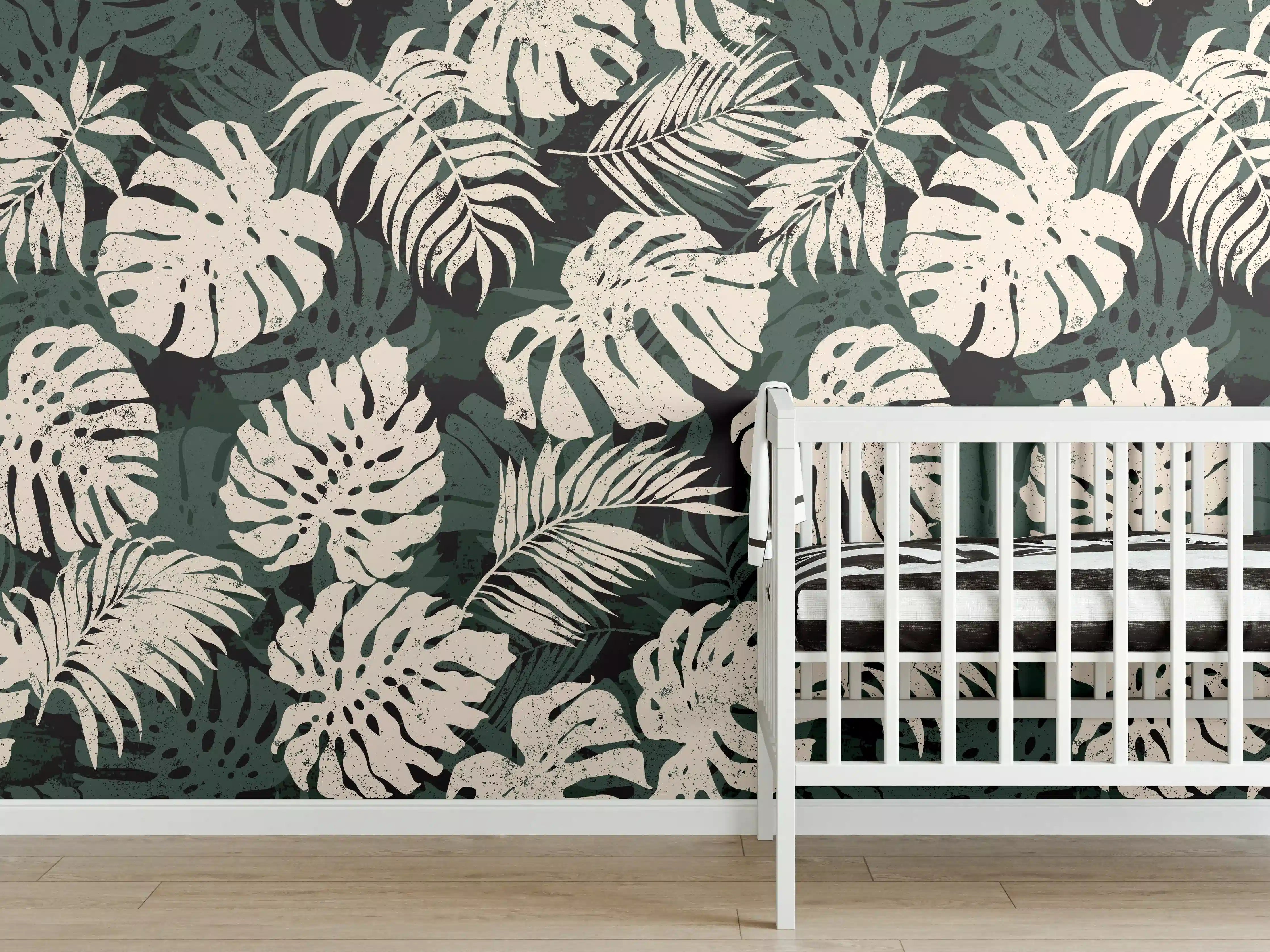 Babyzimmer Wandgestaltung - Monstera Blattmuster Grün-Beige