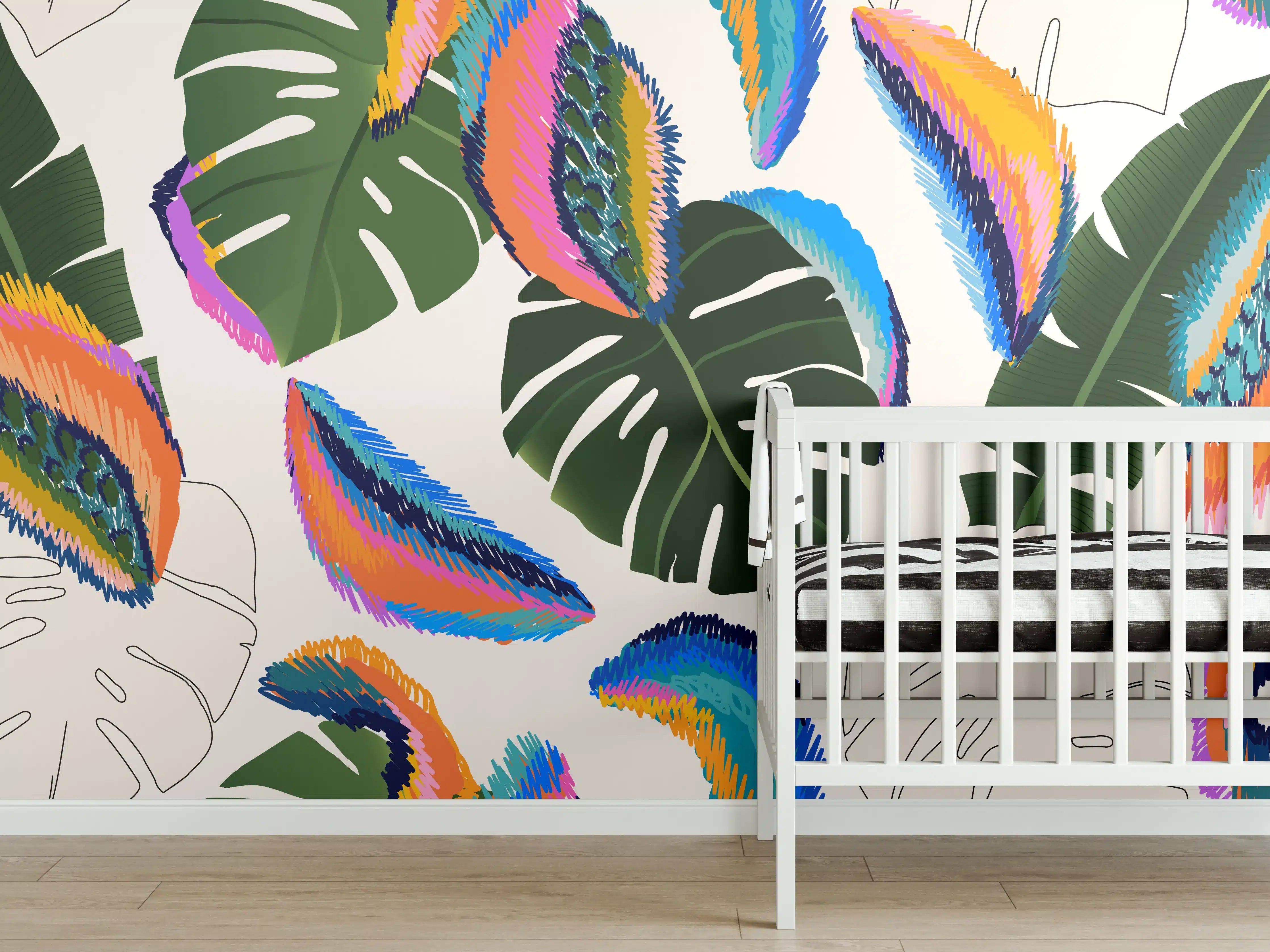 Babyzimmer Wandgestaltung - Monstera Tropic Bunte Blätter
