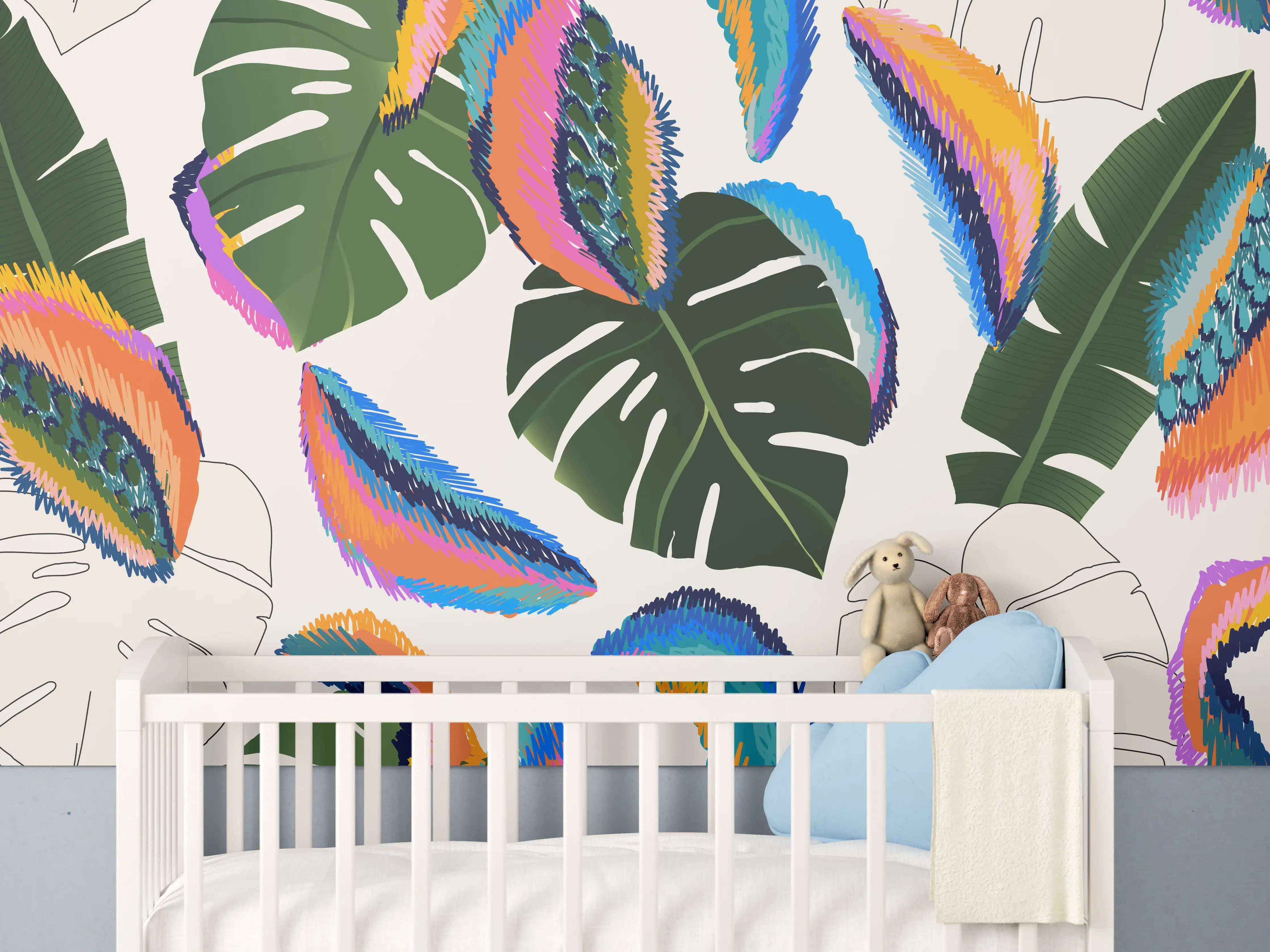 Babyzimmer Wandgestaltung - Monstera Tropic Bunte Blätter