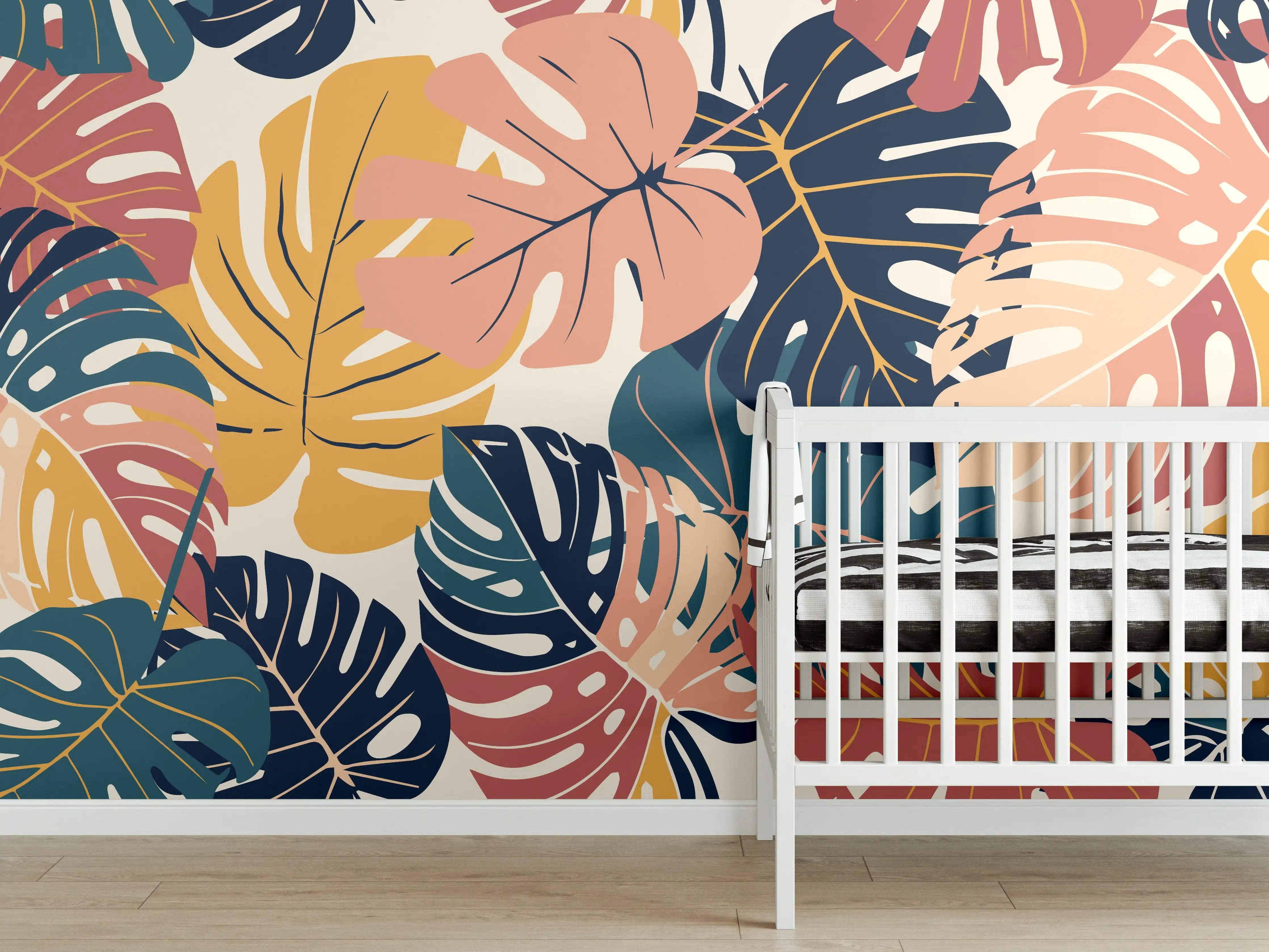 Babyzimmer Wandgestaltung - Monstera Tropic Koralle Türkis