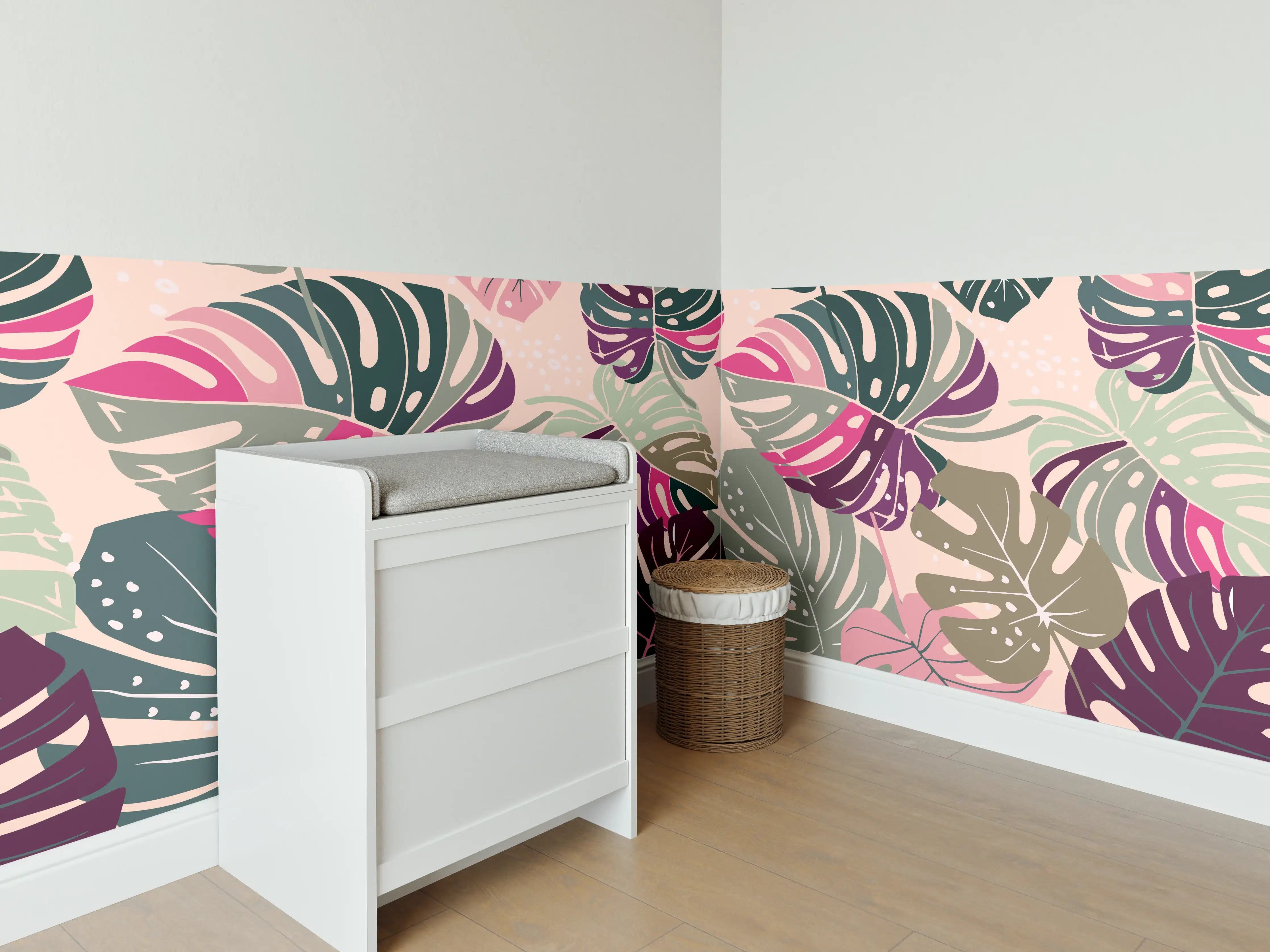 Babyzimmer Wandgestaltung - Monstera Tropic Rosa-Grün