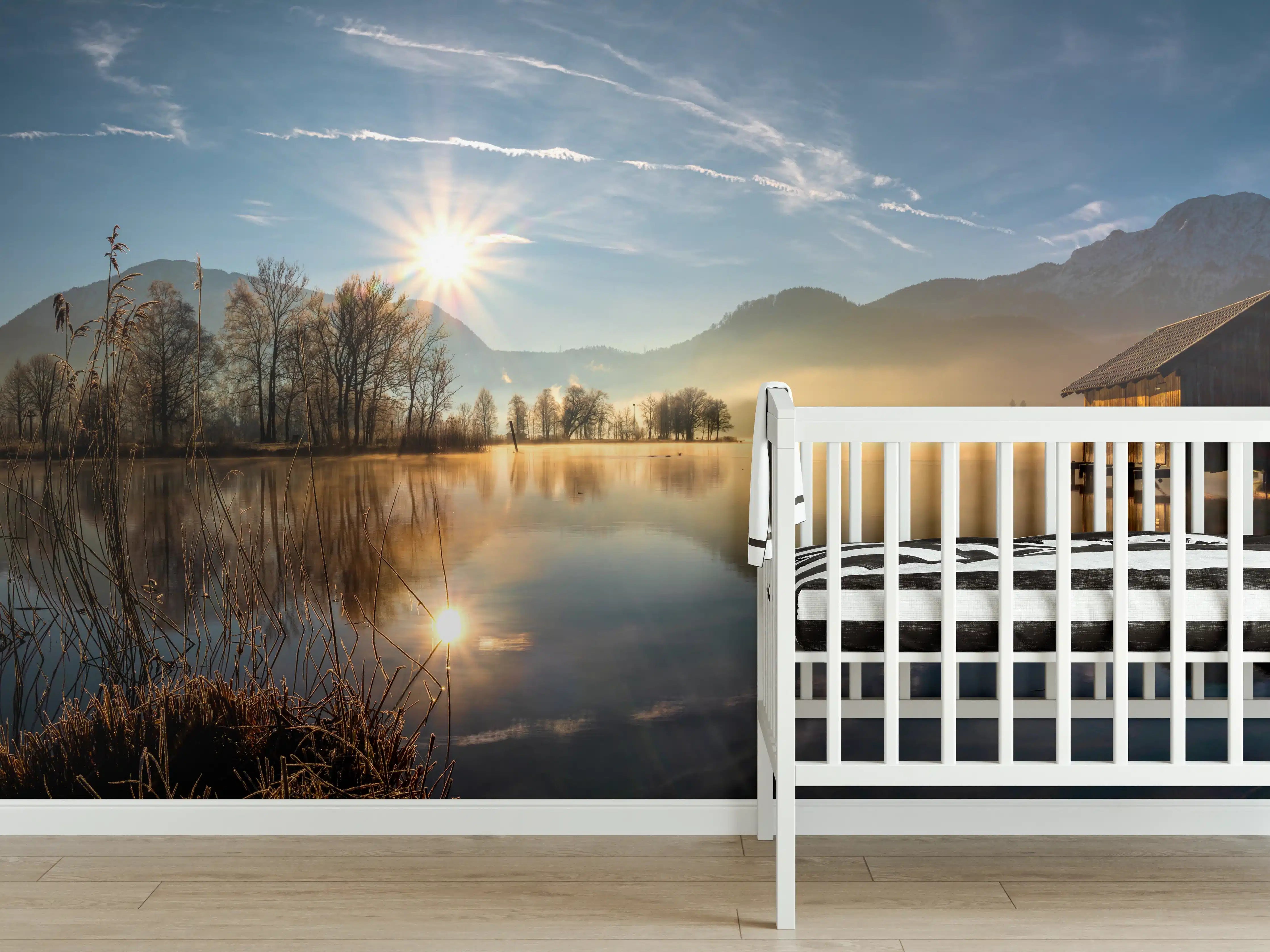 Babyzimmer Wandgestaltung - Morgensonnenblick auf den Bayerischen Kochelsee