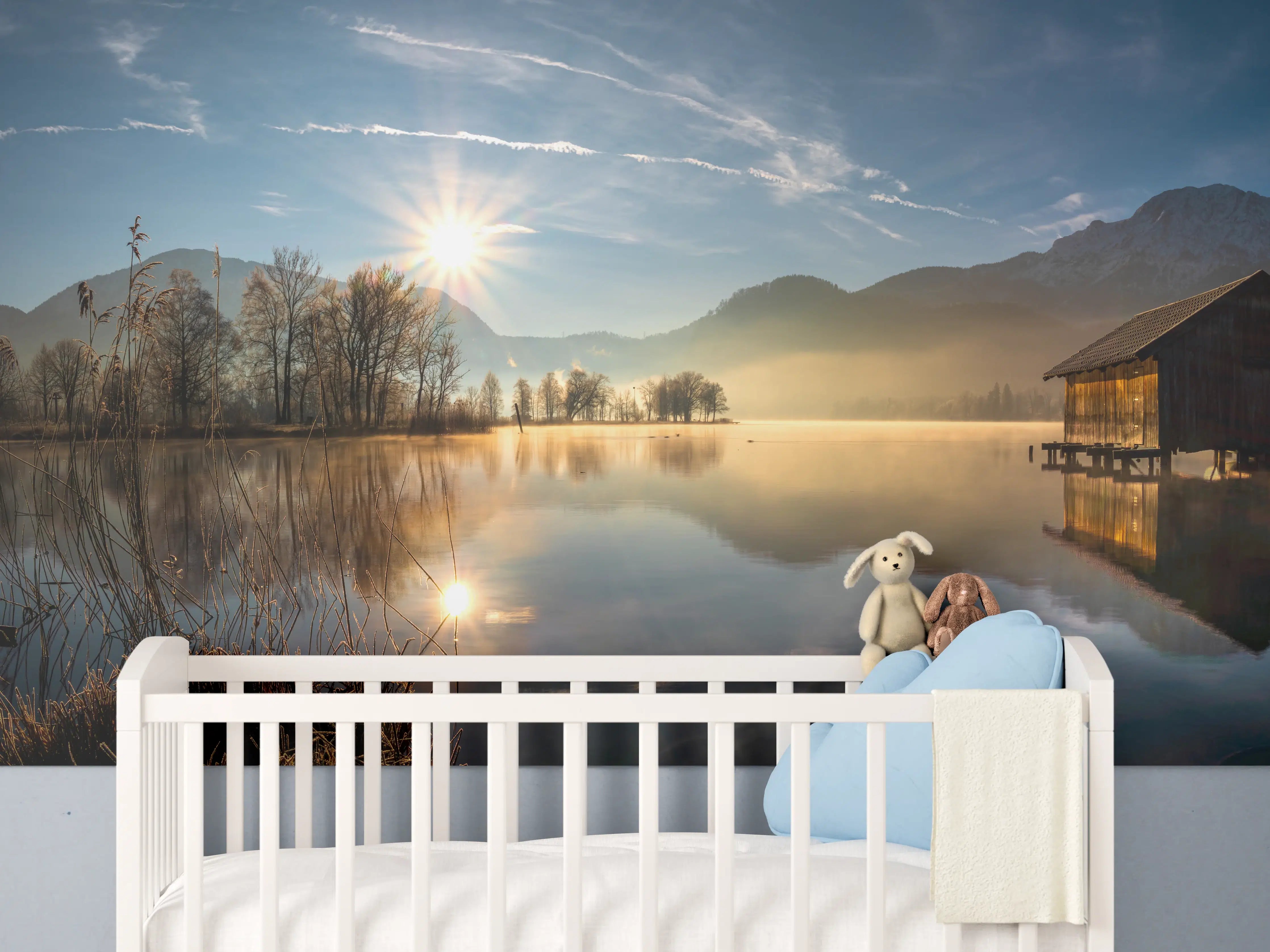 Babyzimmer Wandgestaltung - Morgensonnenblick auf den Bayerischen Kochelsee