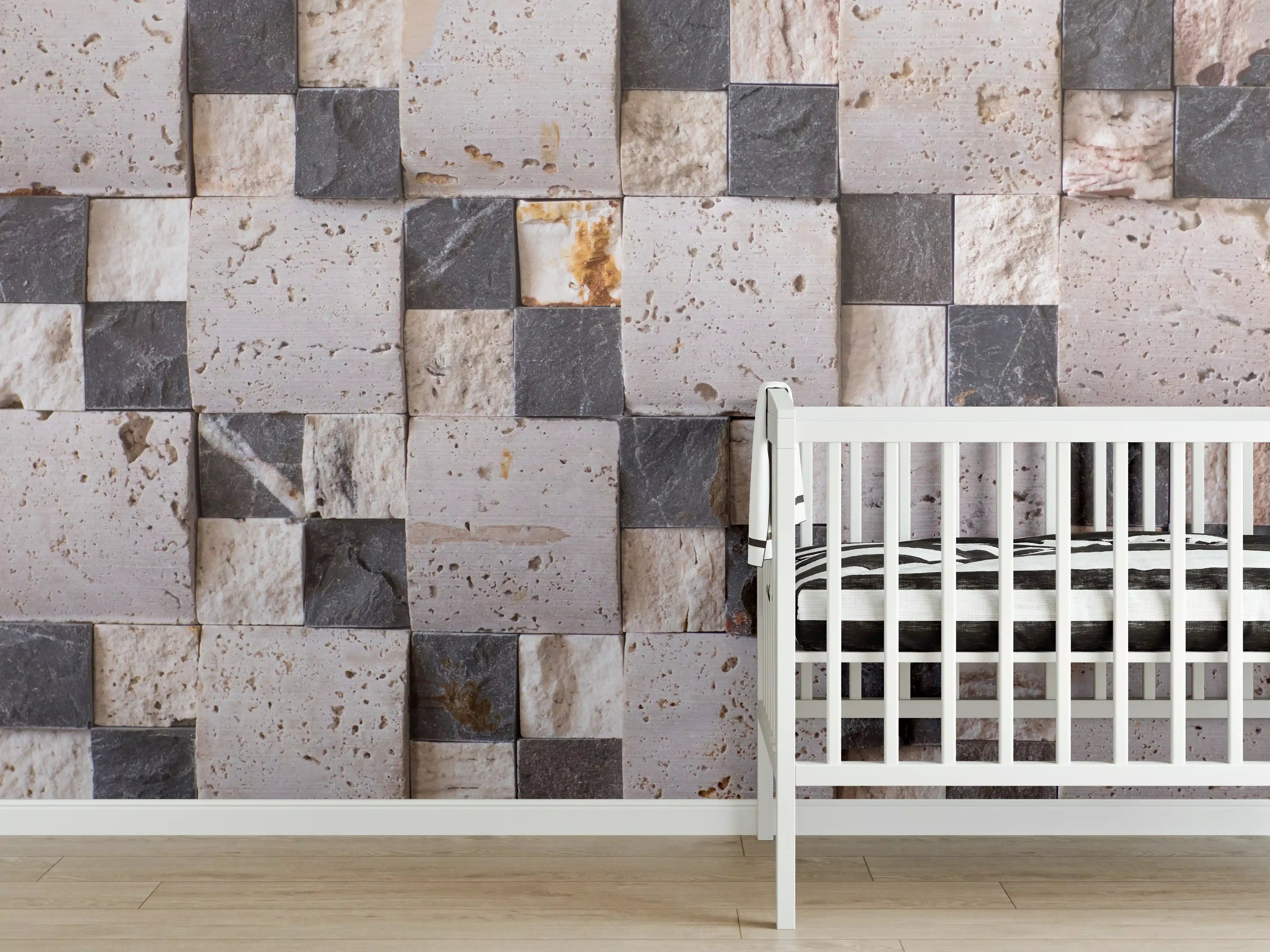 Babyzimmer Wandgestaltung - Mosaikartige Natursteinwand in neutralen Tönen