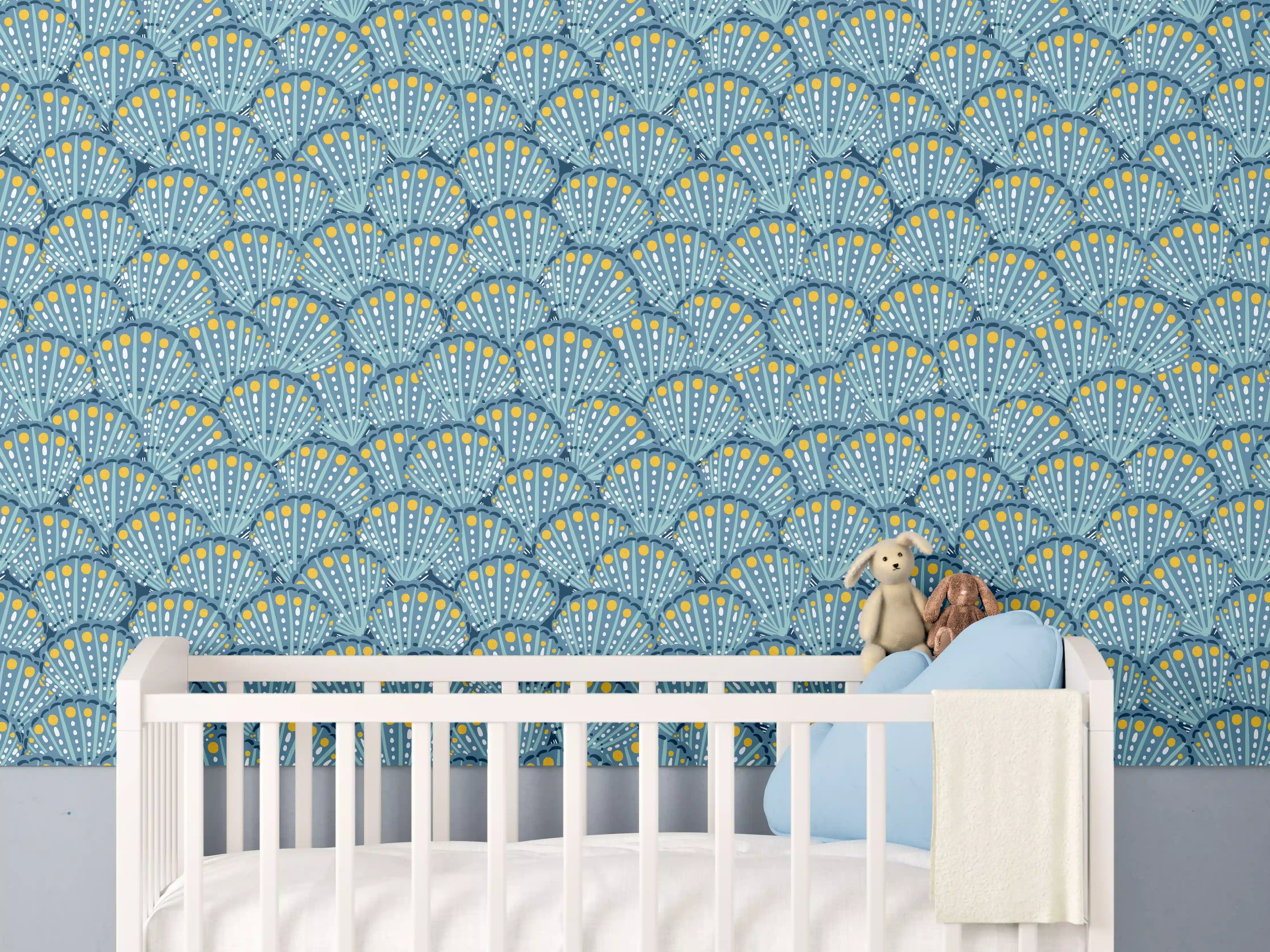 Babyzimmer Wandgestaltung - Muschel-Muster Blau-Gelb