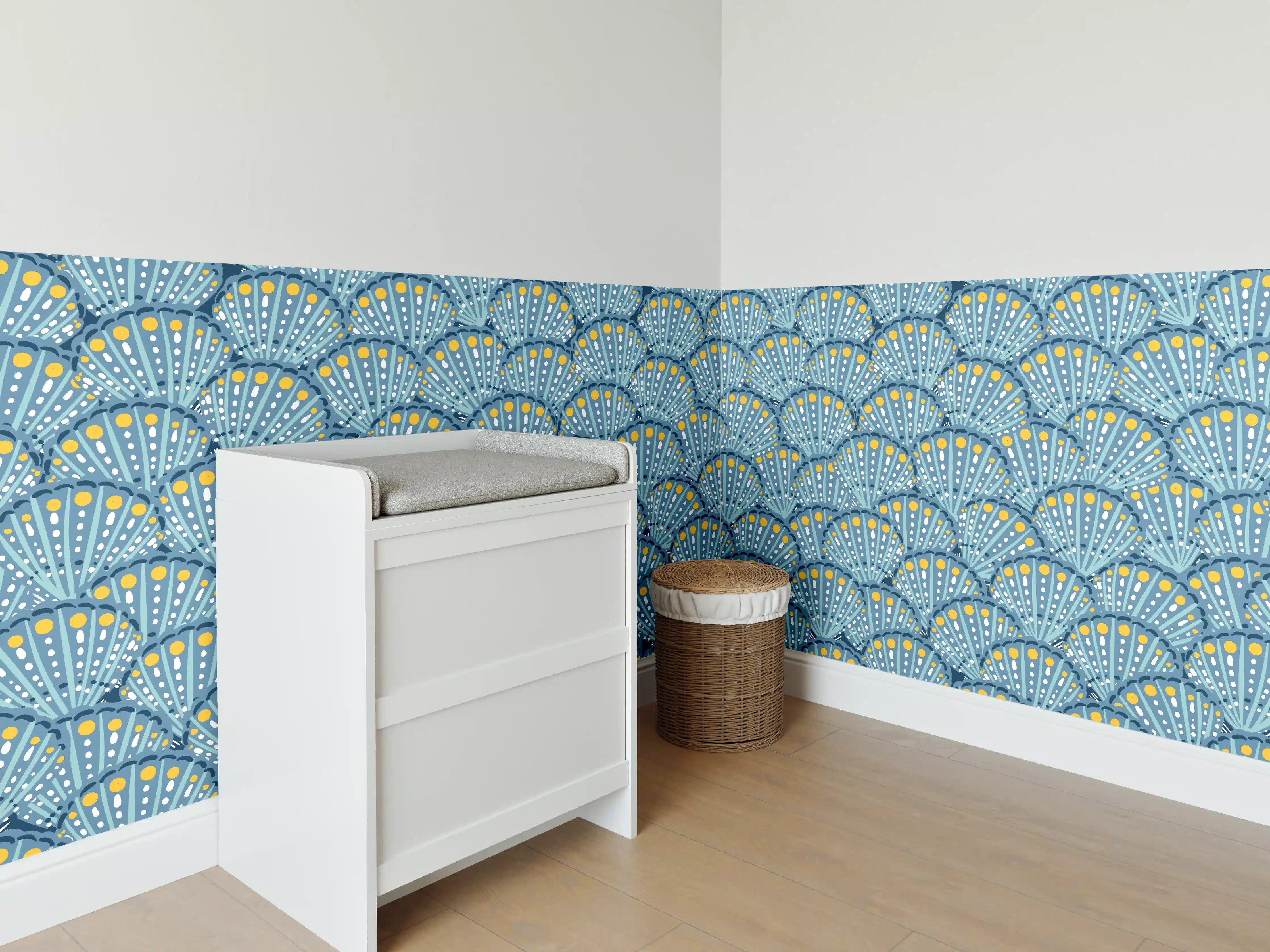 Babyzimmer Wandgestaltung - Muschel-Muster Blau-Gelb