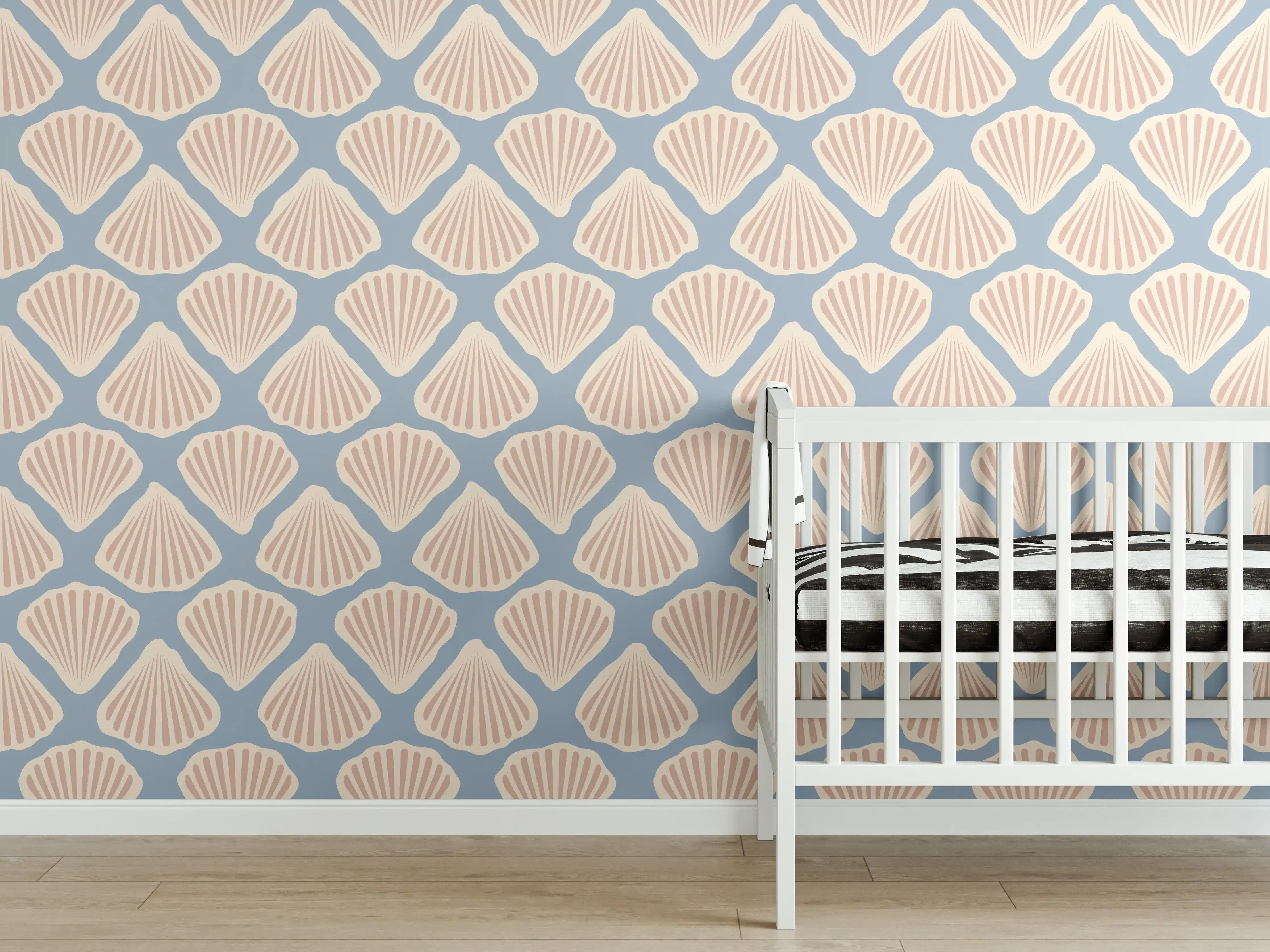 Babyzimmer Wandgestaltung - Muschel-Muster Türkis-Beige Tapete