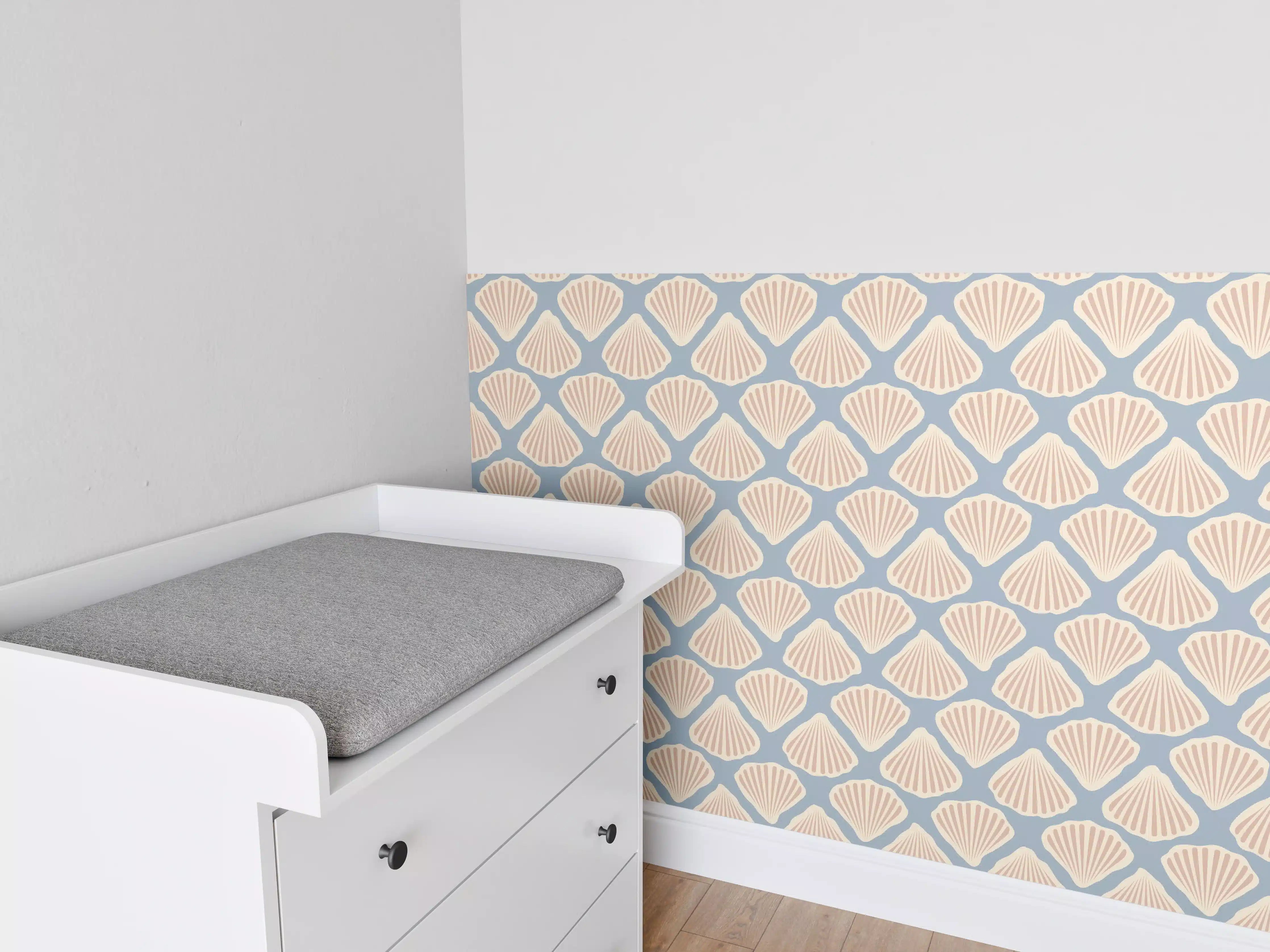 Babyzimmer Wandgestaltung - Muschel-Muster Türkis-Beige Tapete