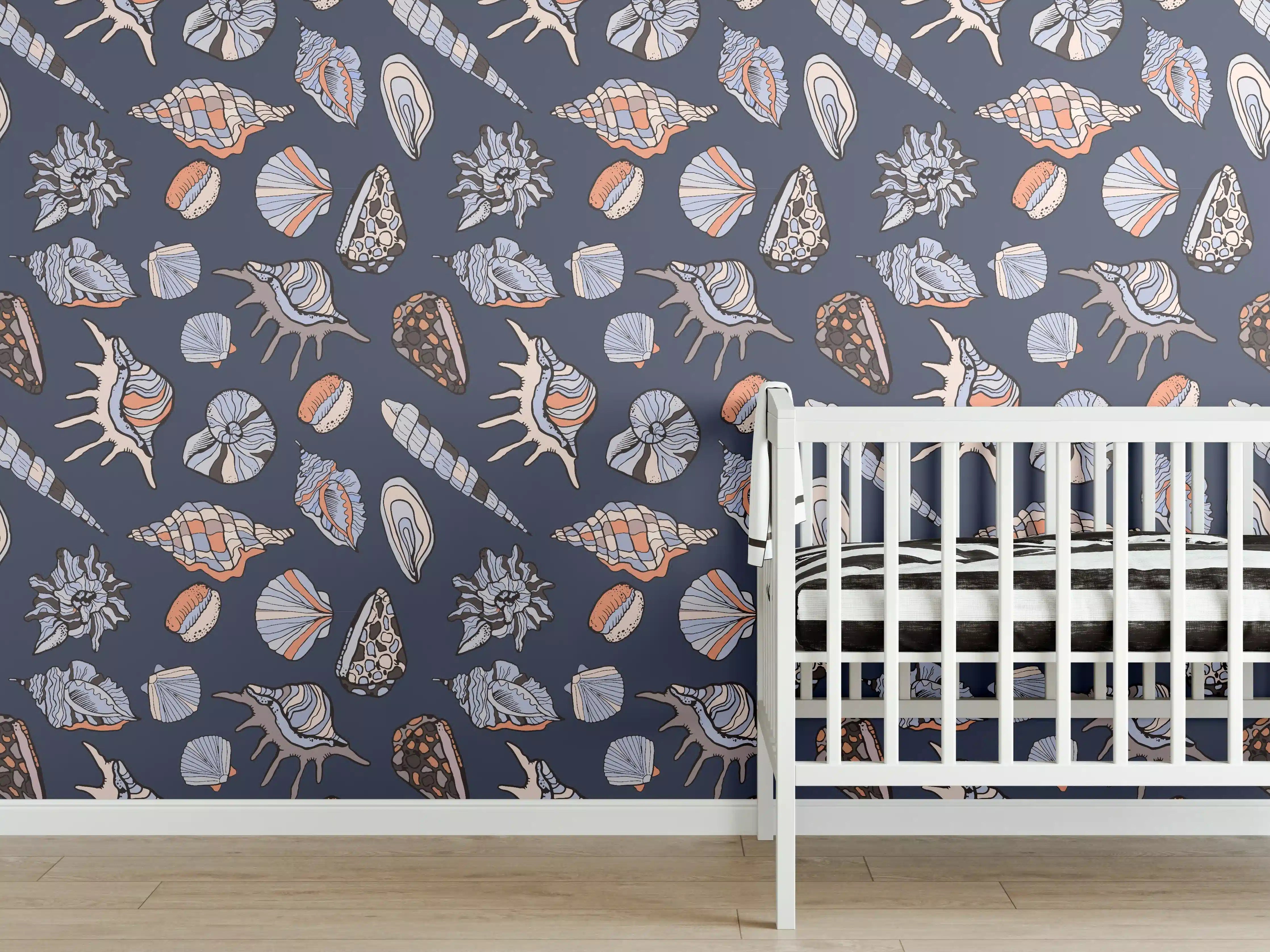 Babyzimmer Wandgestaltung - Muschelmuster Navy Beige Orange