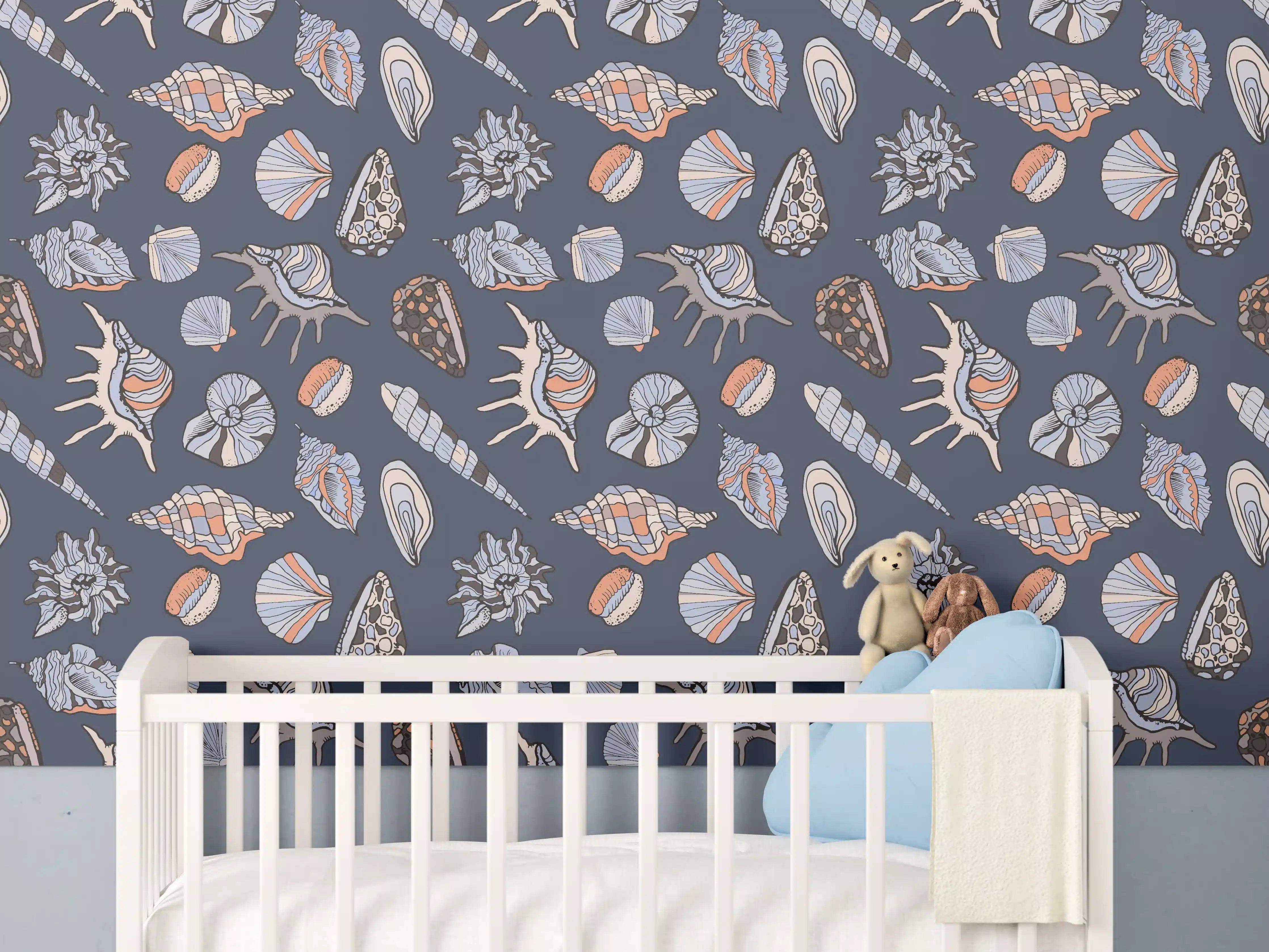 Babyzimmer Wandgestaltung - Muschelmuster Navy Beige Orange