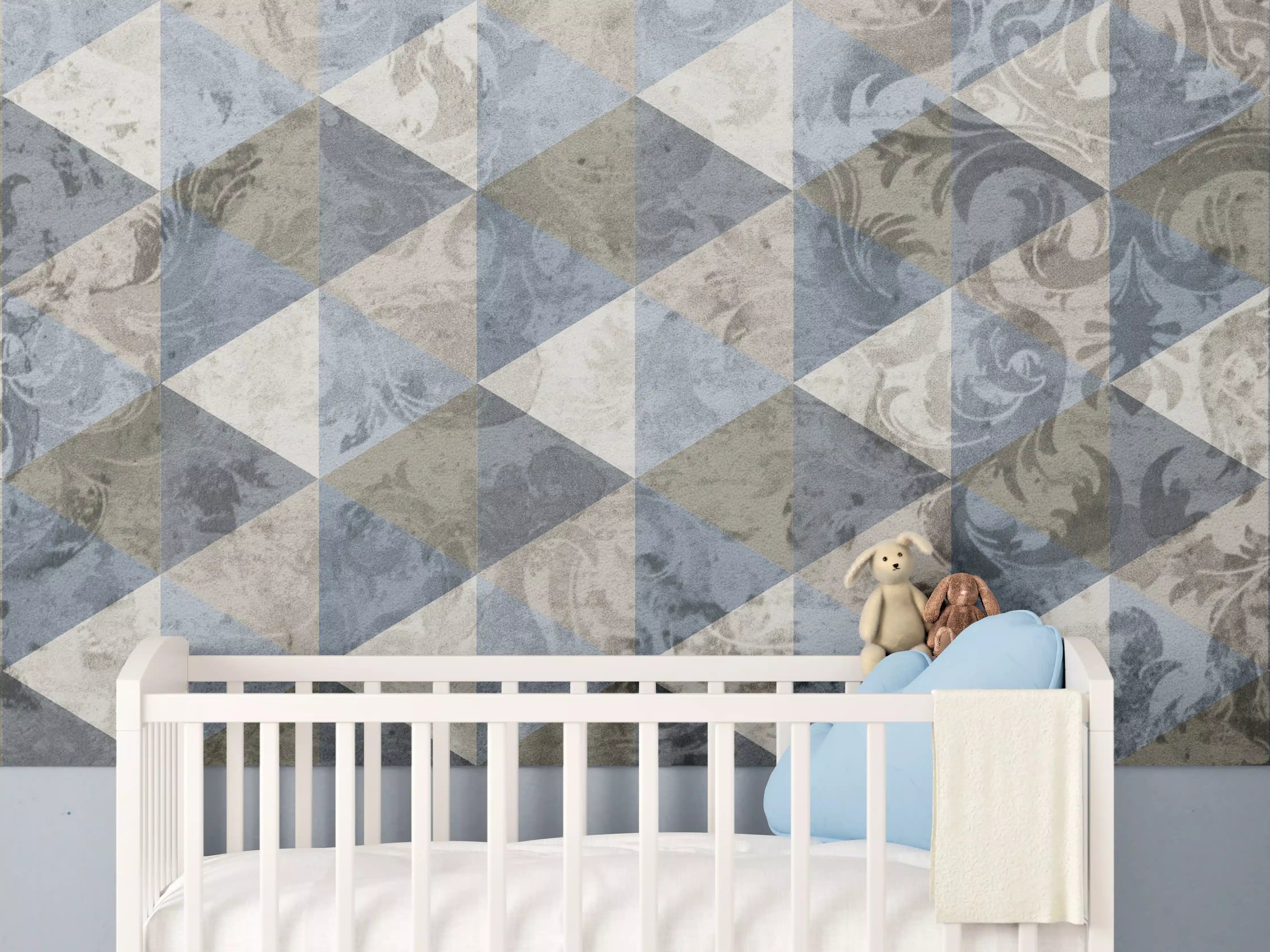 Babyzimmer Wandgestaltung - Muster aus geometrischen Formen in Blau- und Grautönen