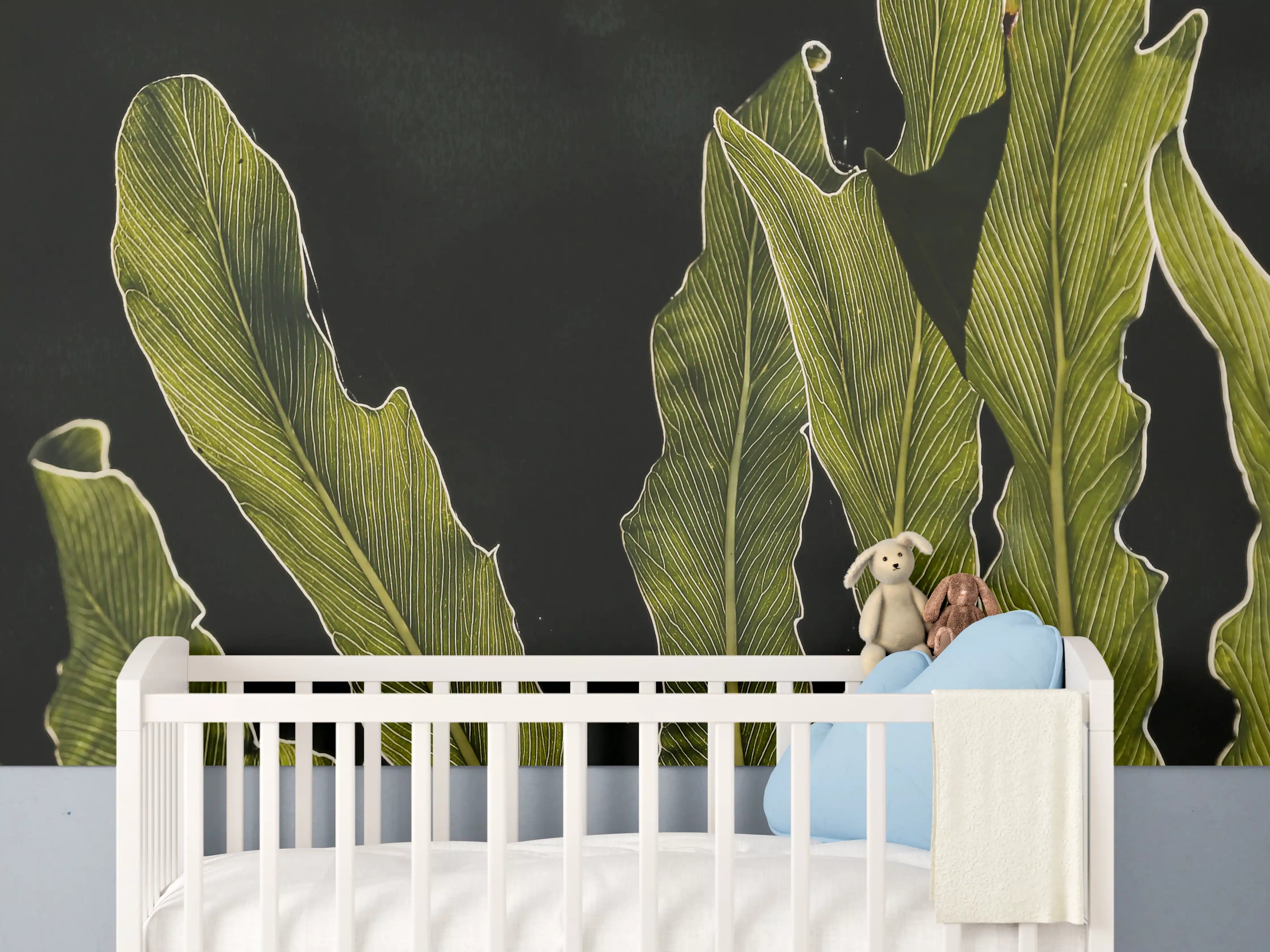 Babyzimmer Wandgestaltung - Mystische Grün-Schwarze Blattstruktur