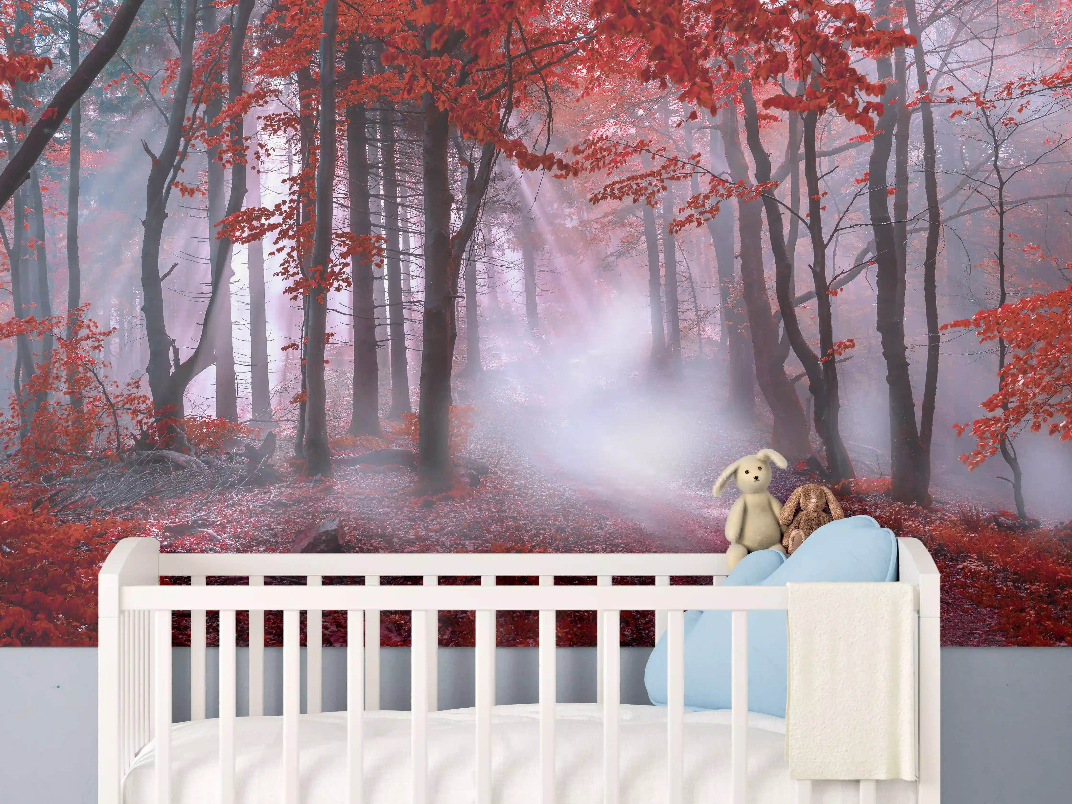 Babyzimmer Wandgestaltung - Mystischer roter Wald
