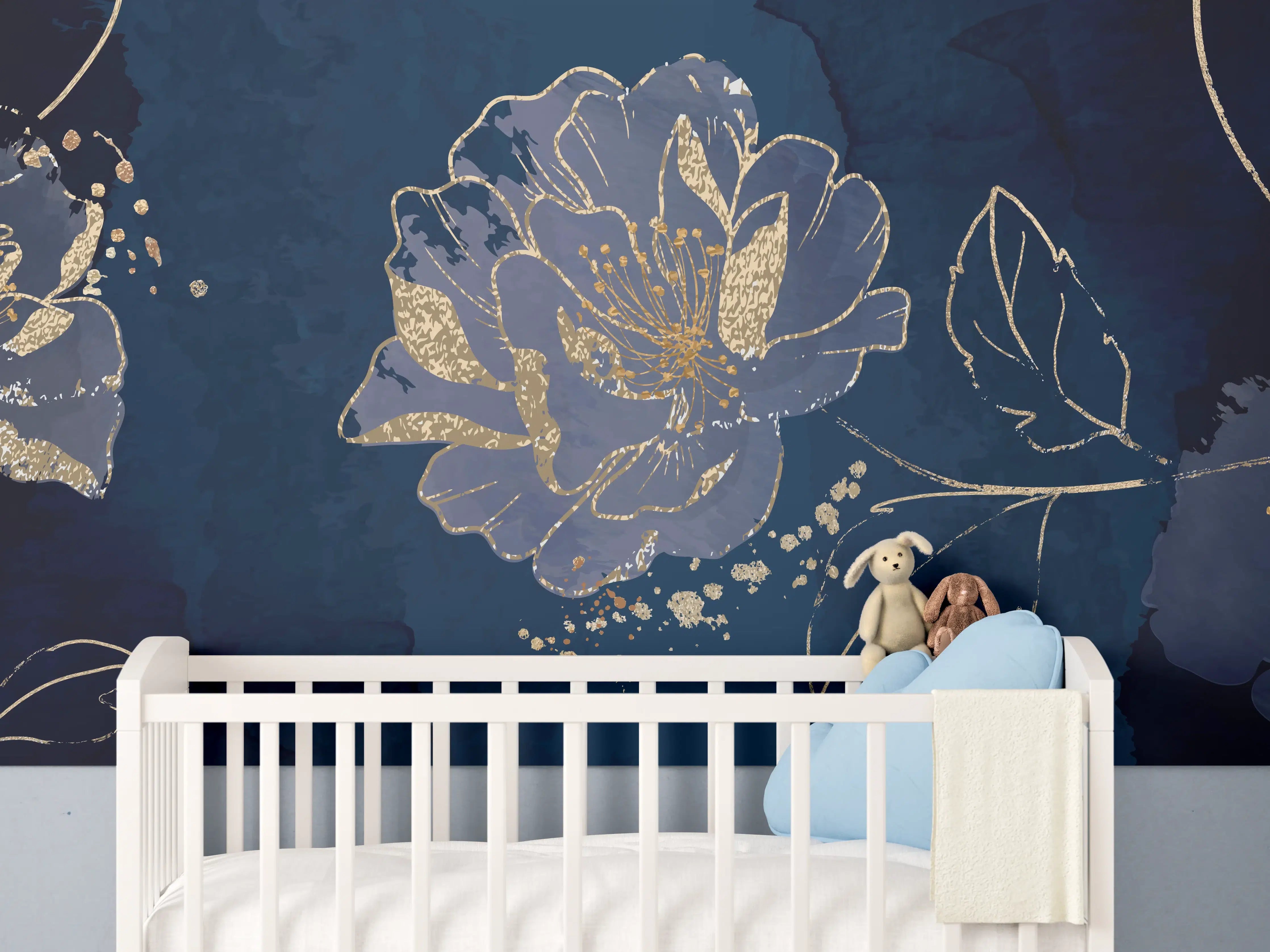 Babyzimmer Wandgestaltung - Nachtblaue Blumen Goldakzente