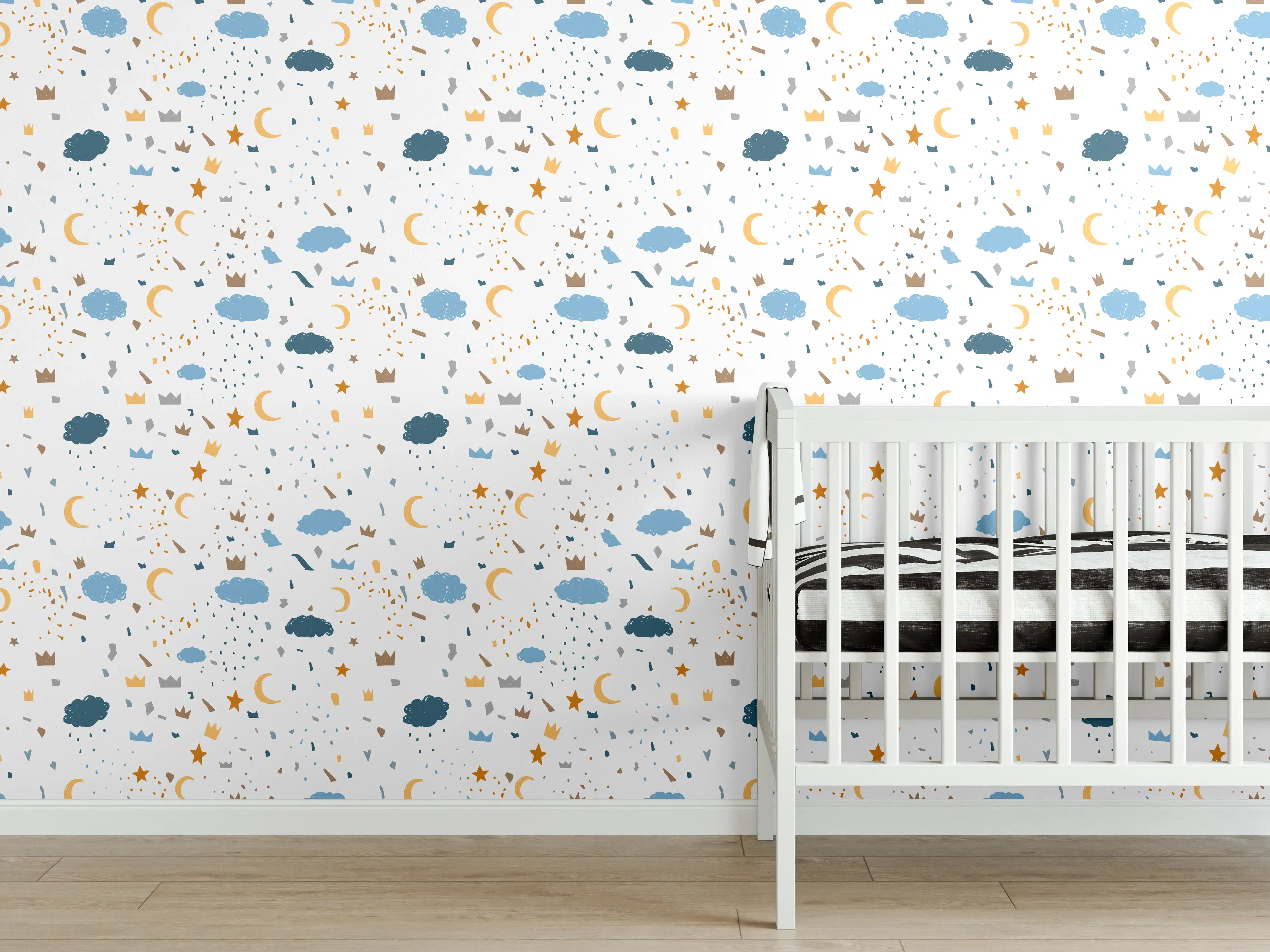 Babyzimmer Wandgestaltung - Nachthimmel mit Sternen und Mond in Blau und Gold