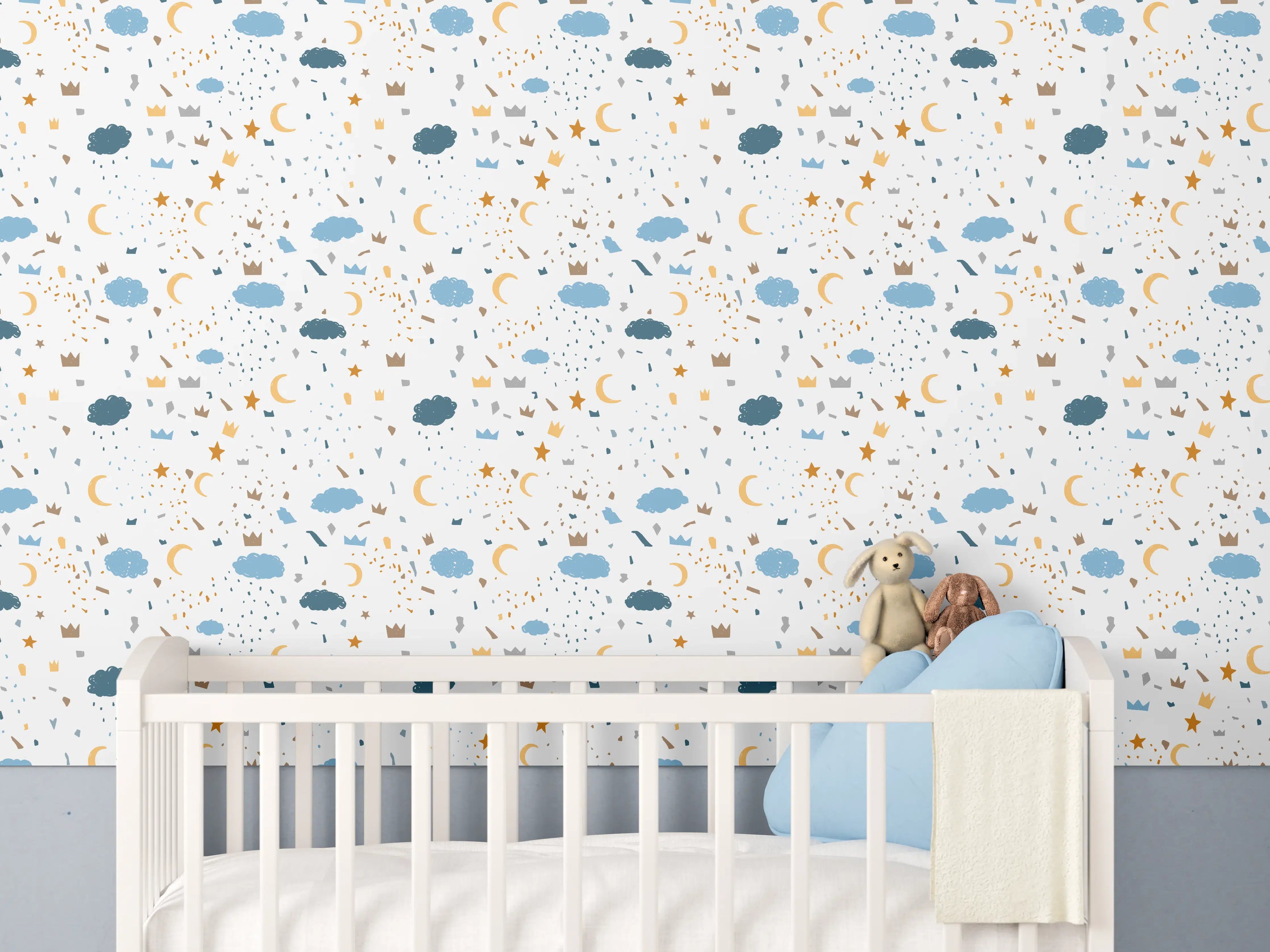 Babyzimmer Wandgestaltung - Nachthimmel mit Sternen und Mond in Blau und Gold