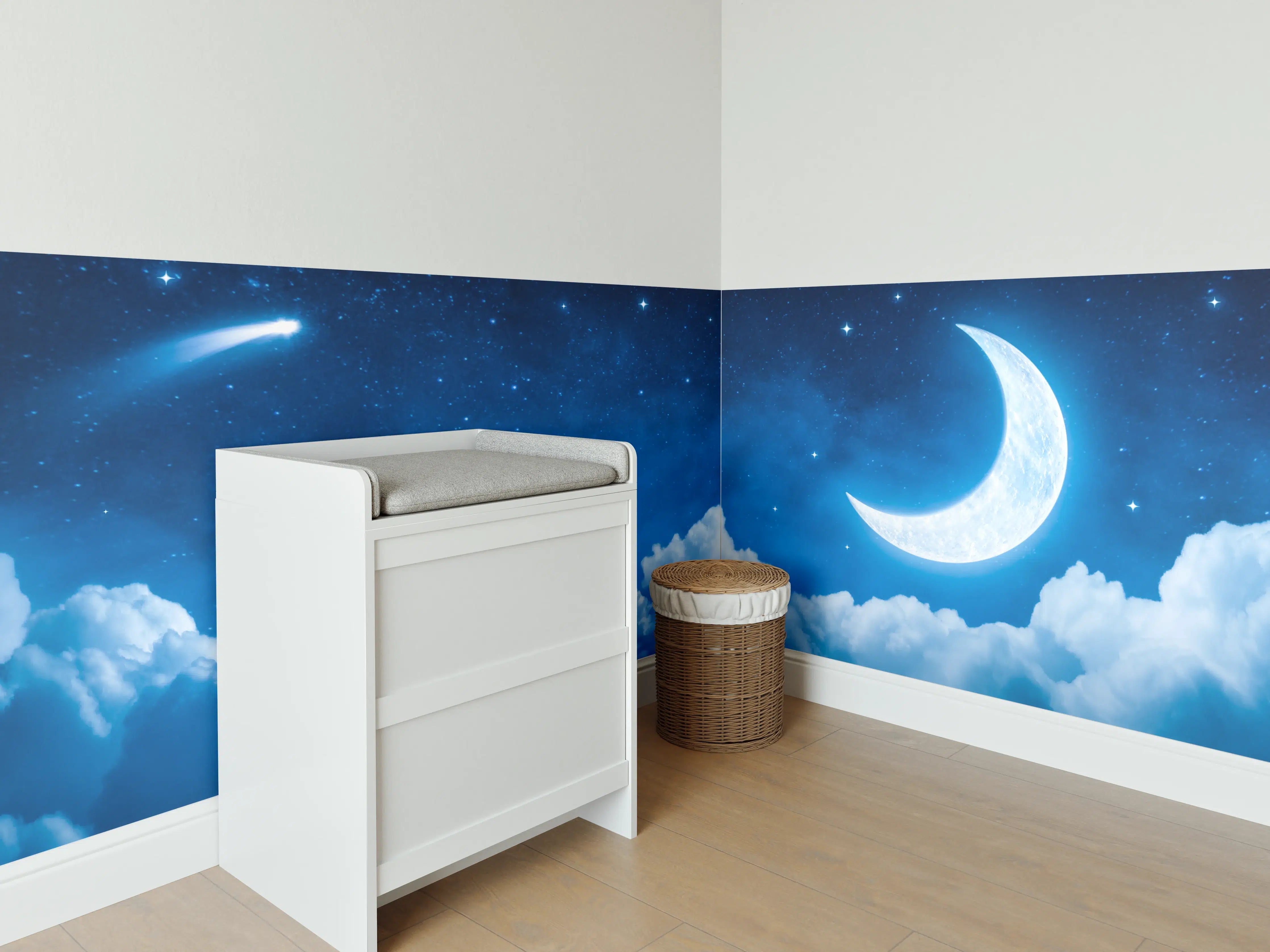 Babyzimmer Wandgestaltung - Nächtlicher Himmel mit Sternen und Mond