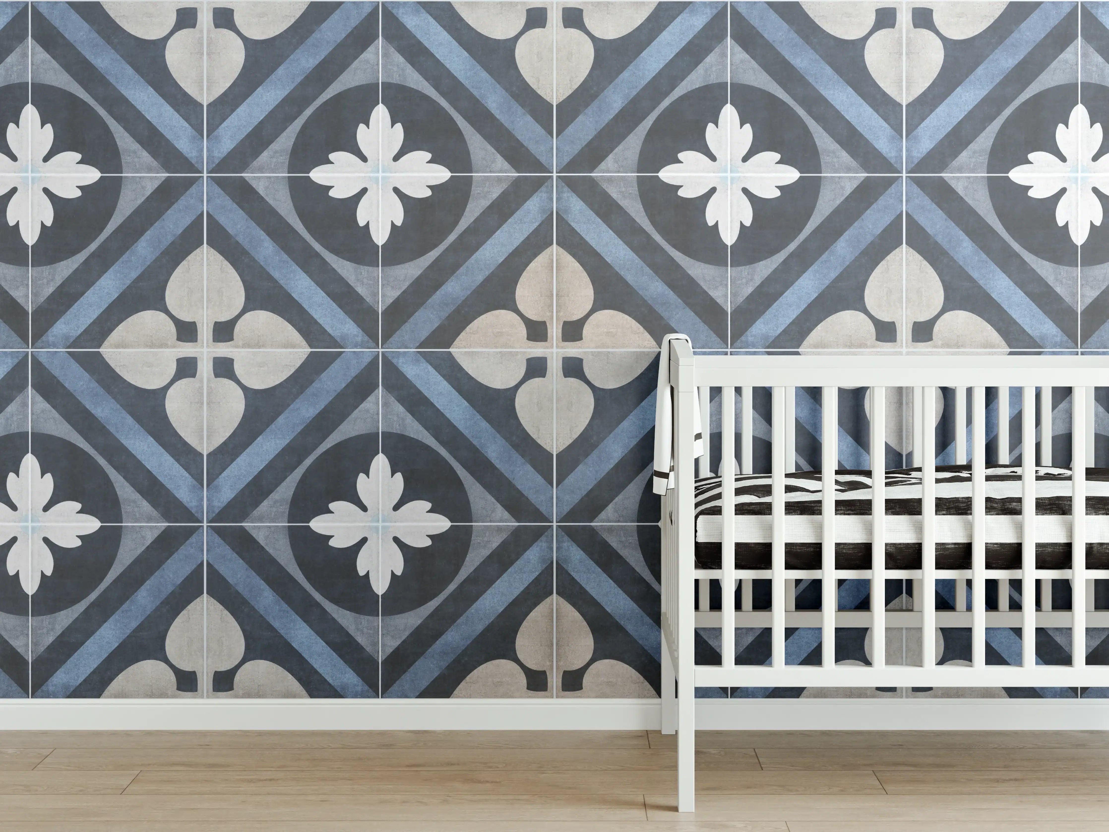 Babyzimmer Wandgestaltung - Nahtlose blau weiße vintage Fliesen