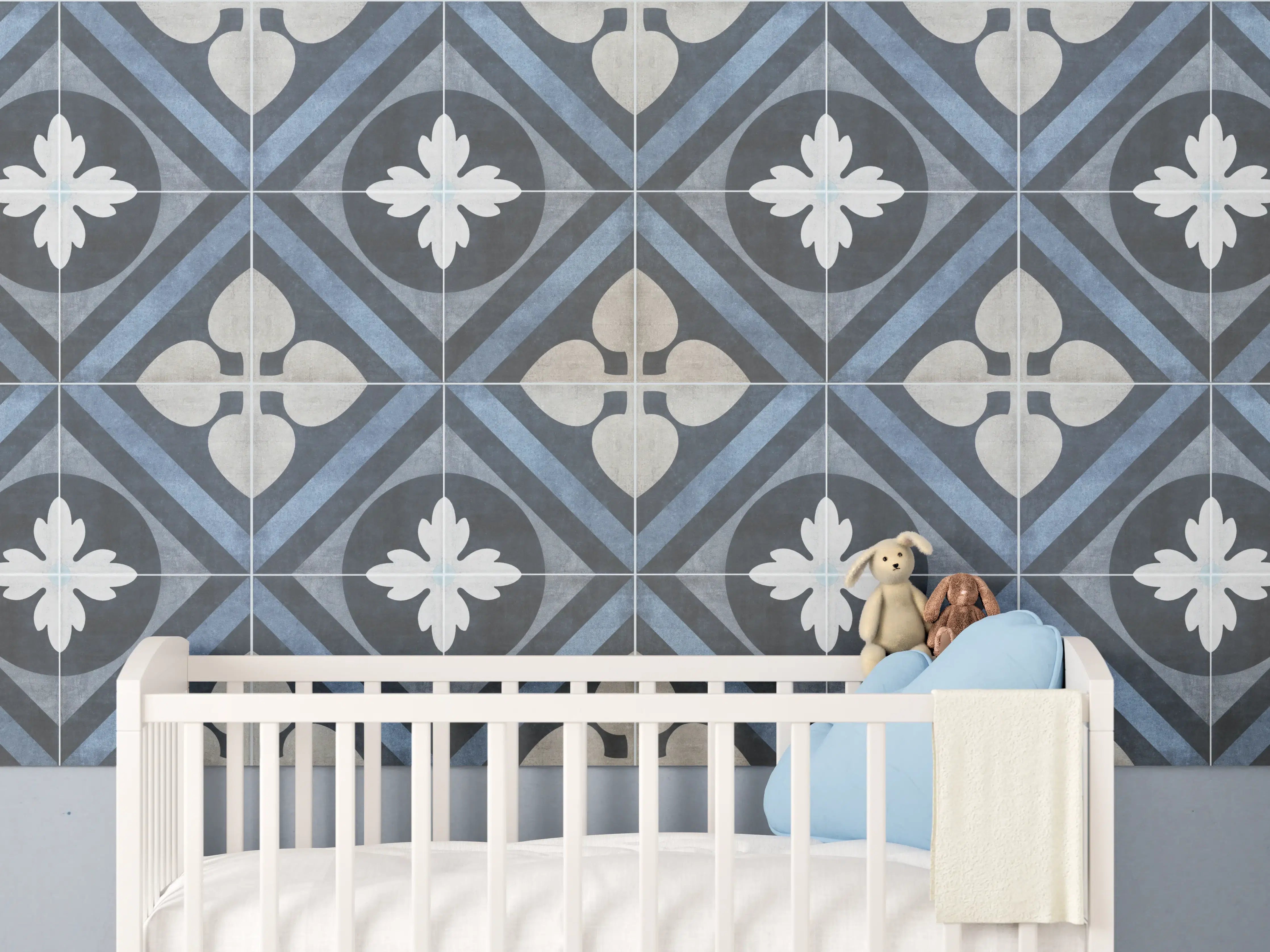Babyzimmer Wandgestaltung - Nahtlose blau weiße vintage Fliesen