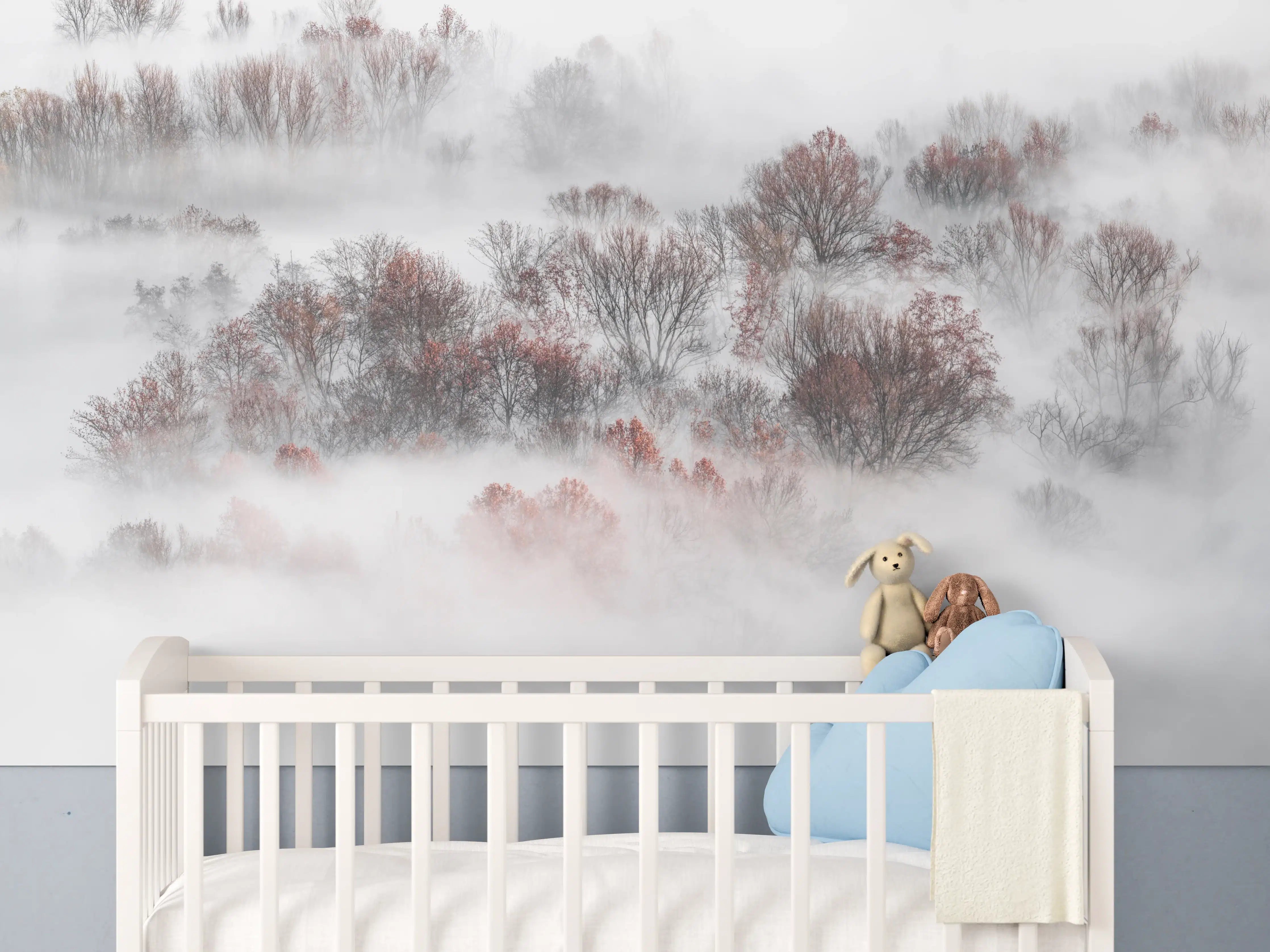 Babyzimmer Wandgestaltung - Nebelverhangener Wald in Weiß-Grau