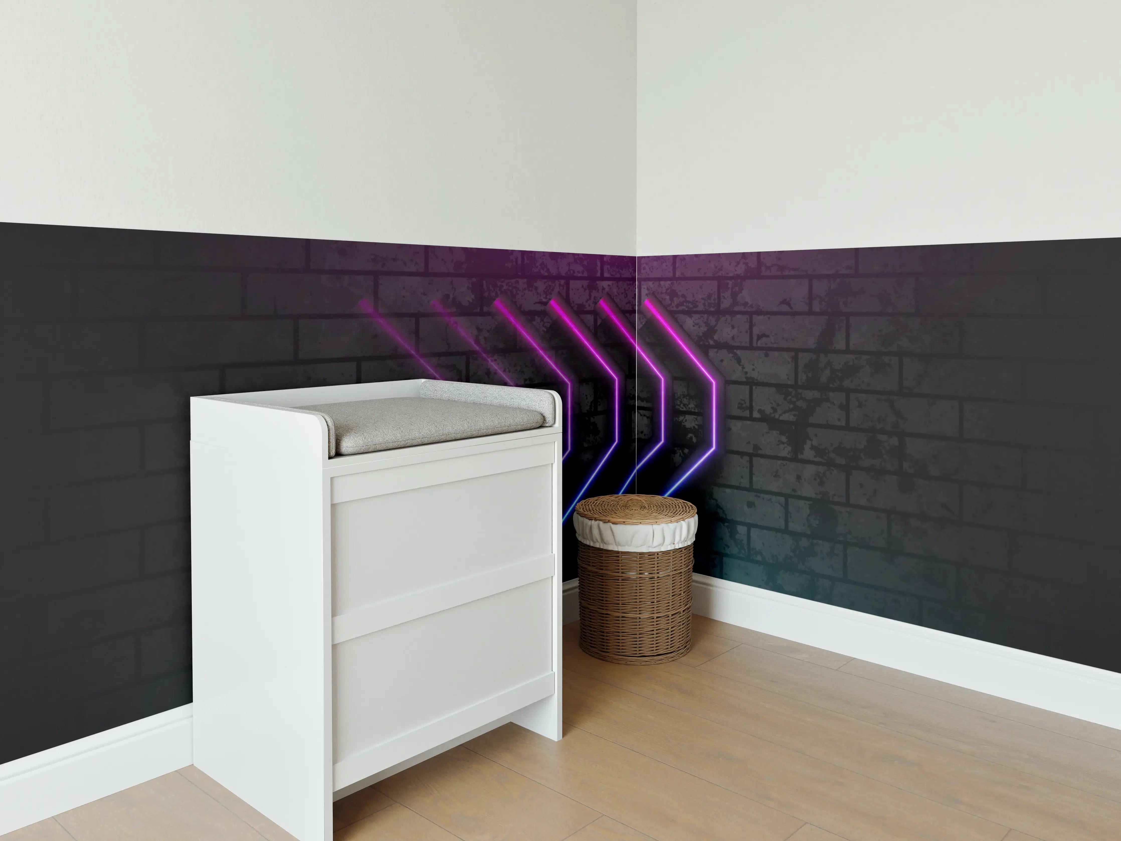 Babyzimmer Wandgestaltung - Neon-Arrows in purpur und blau vor Ziegelwand