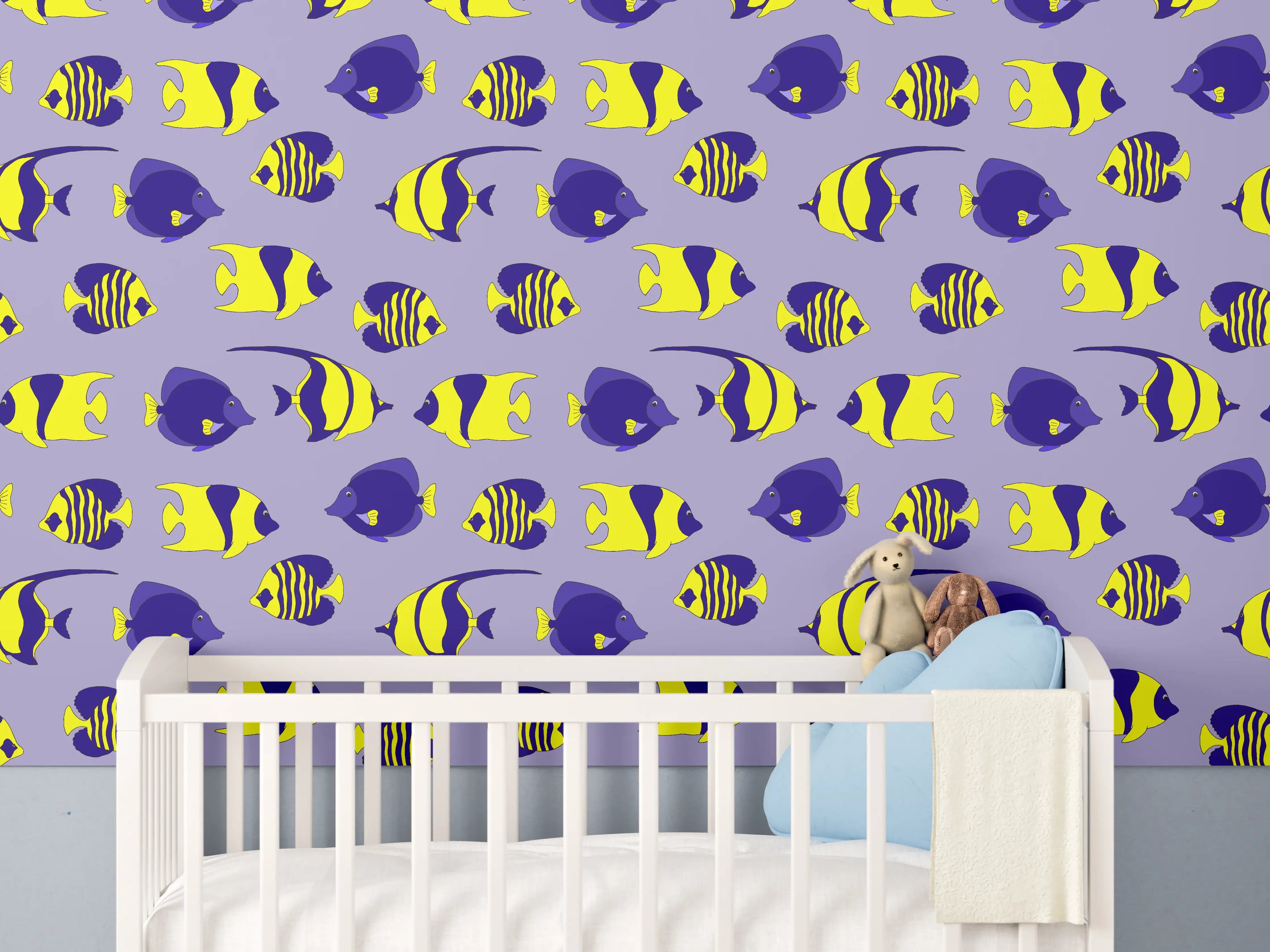 Babyzimmer Wandgestaltung - Neon-Fische Gelb-Blau Muster