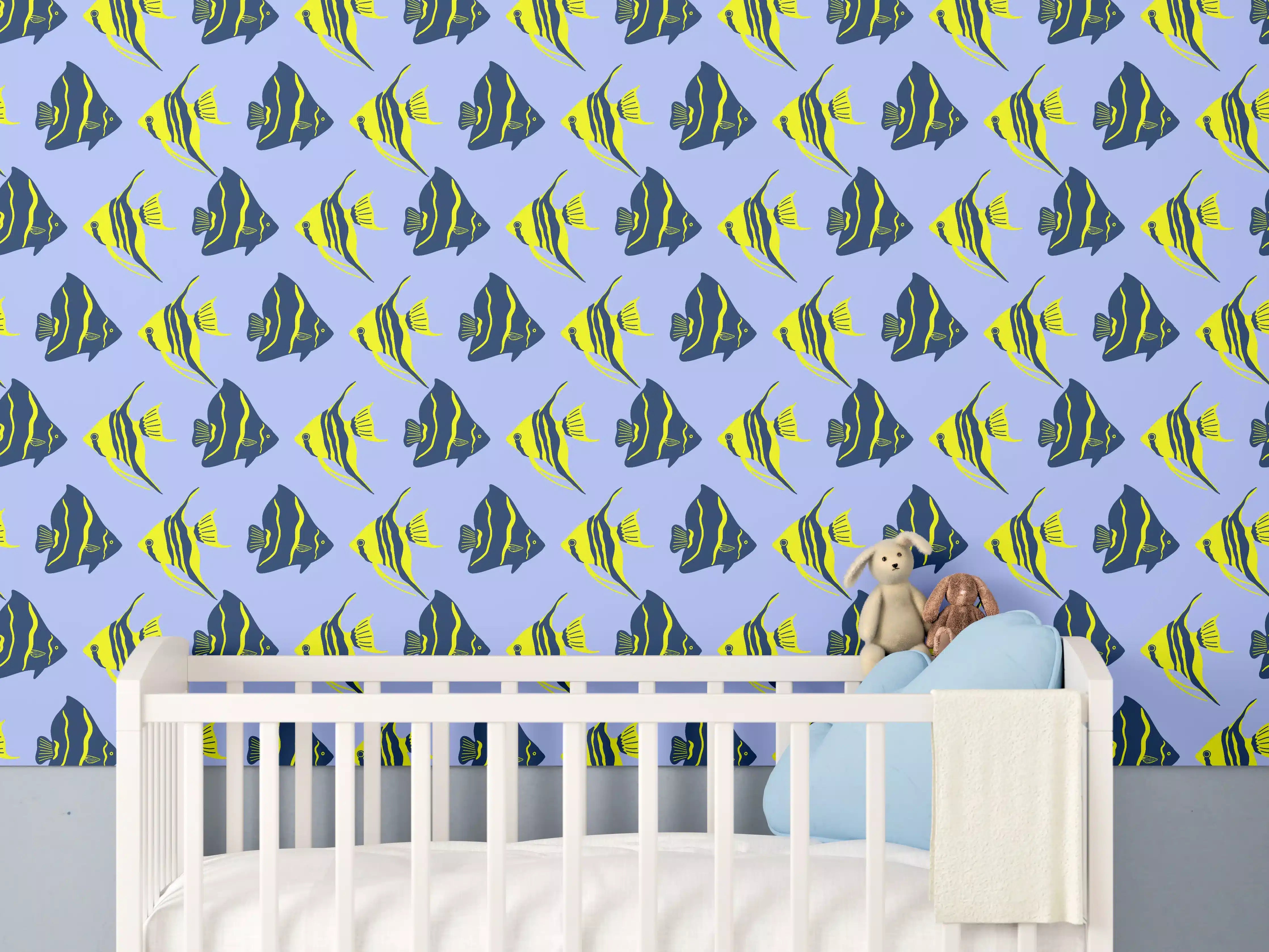 Babyzimmer Wandgestaltung - Neon-Fischmuster Blau Gelb