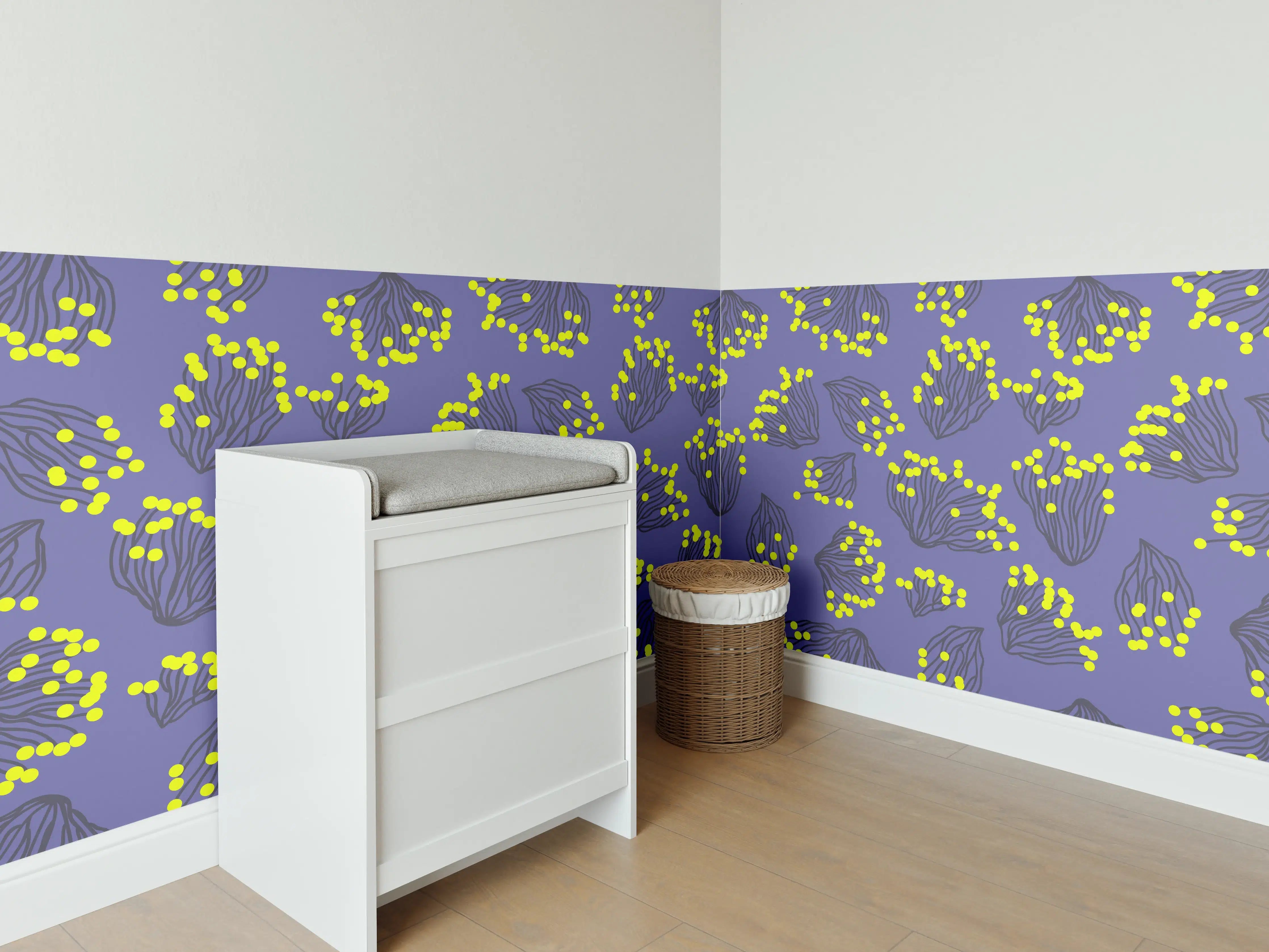 Babyzimmer Wandgestaltung - Neon-Korallen Lila-Gelb Muster