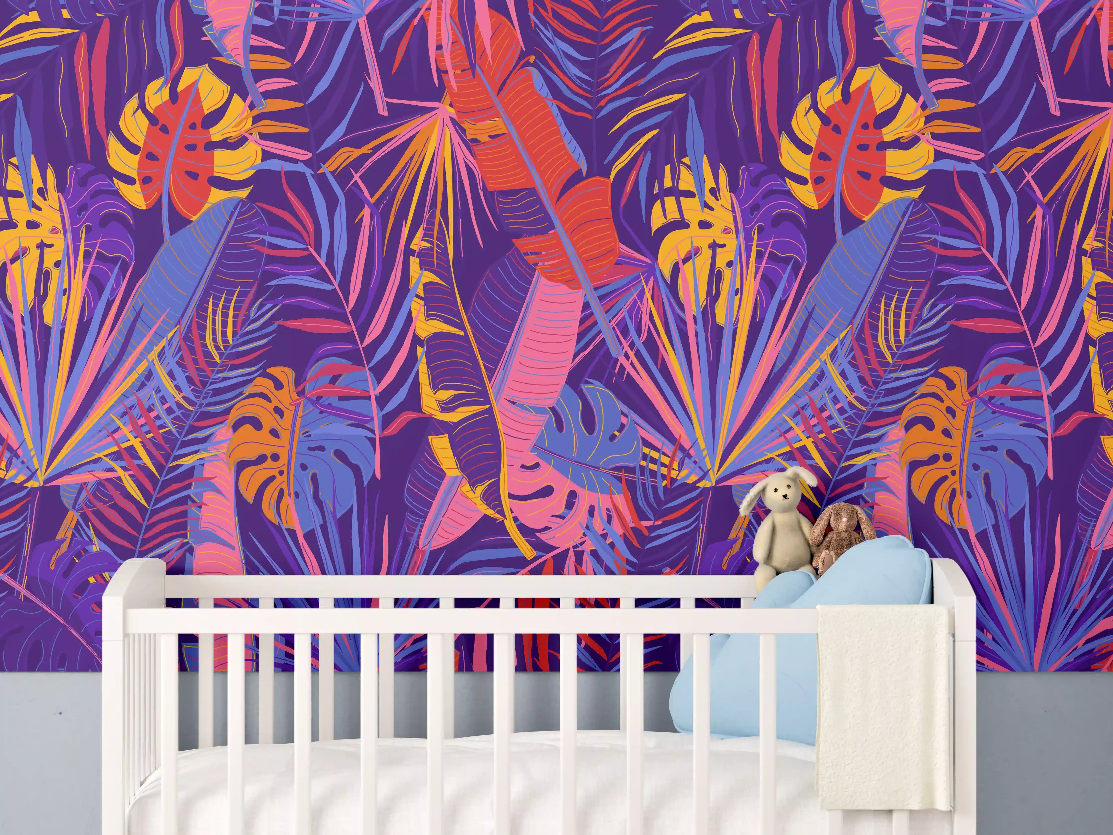 Babyzimmer Wandgestaltung - Neon Tropenblätter Muster