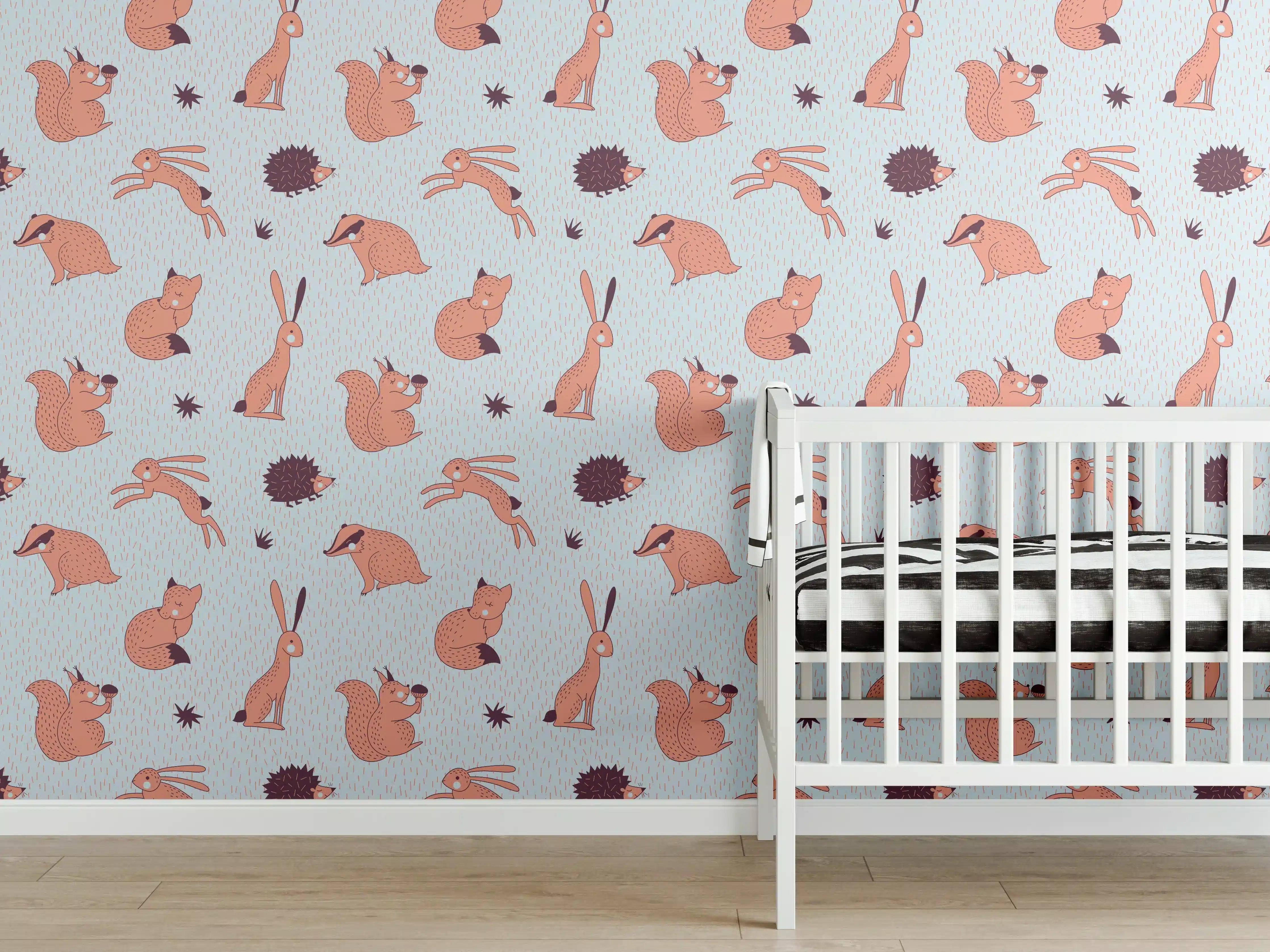Babyzimmer Wandgestaltung - Niedliche Hasen und Sonnenblumen Muster in Hellblau